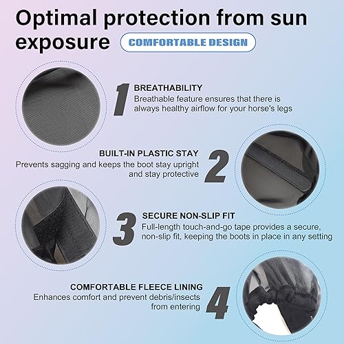 Equine Protective Mesh Leggings & Fly Boots Breathable UV Protection, Non-Slip Fit, Set of 4 (Black)