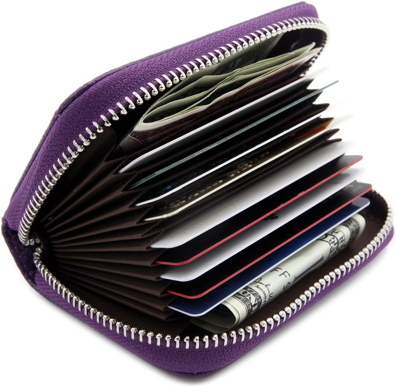 RFID Blocking Genuine Leather Credit Card Case Holder Security Travel Wallet with ID Window - Purple (Ver.2)