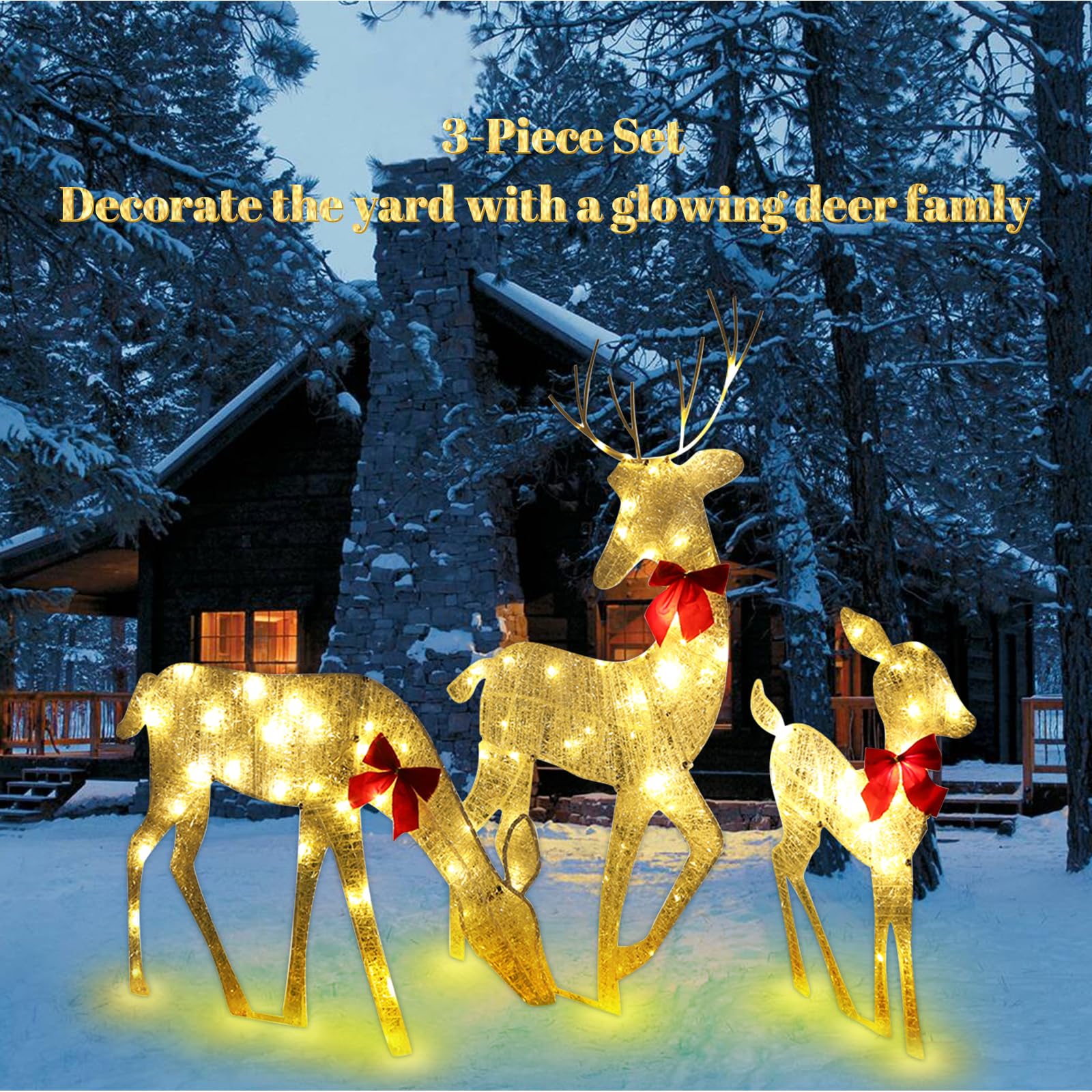BomKra 3-Teiliges LED Rentier Familie Weihnachtsdeko 100er LED Rentiere Beleuchtet 2d Wasserdicht Weihnachtsbeleuchtung Aussen Für Außen Und Innen, Rasen, Wohnzimmer Party Dekorationv