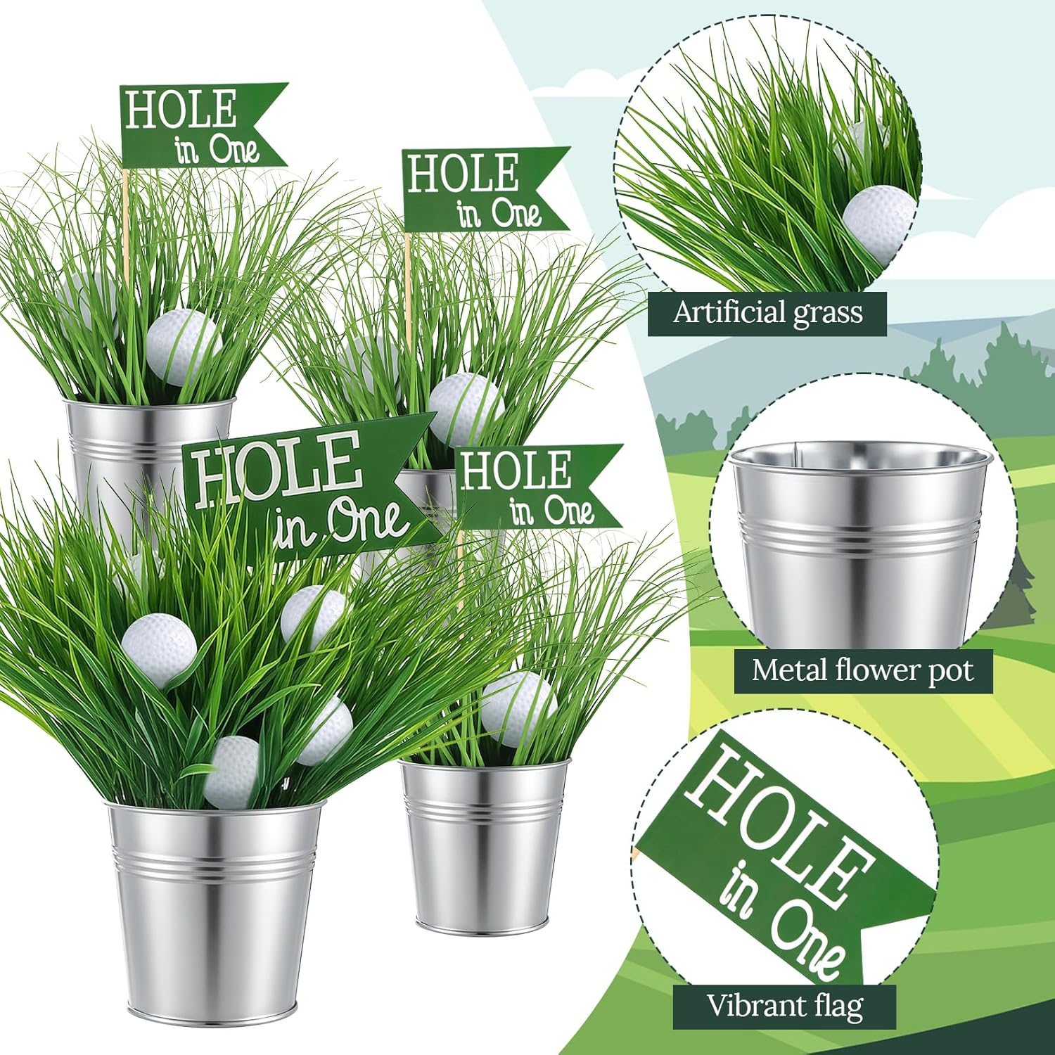 8 Set 162 Pcs Golf Party Table Decorations Sport Themed Party Centerpieces Includes 8 Metal Bucket 24 Mini Golf 120 Artificial Grass 8 Flags and 2Flower Mud for Sport Birthday Decor(Round)