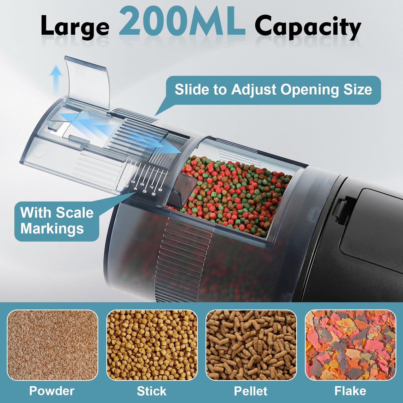 Distributeur automatique à piles pour poissons - Facile à utiliser - Avec 4 réglages de minuterie - Design résistant à l'humidité pour granulés et flocons - 200 ml - Idéal pour les poissons