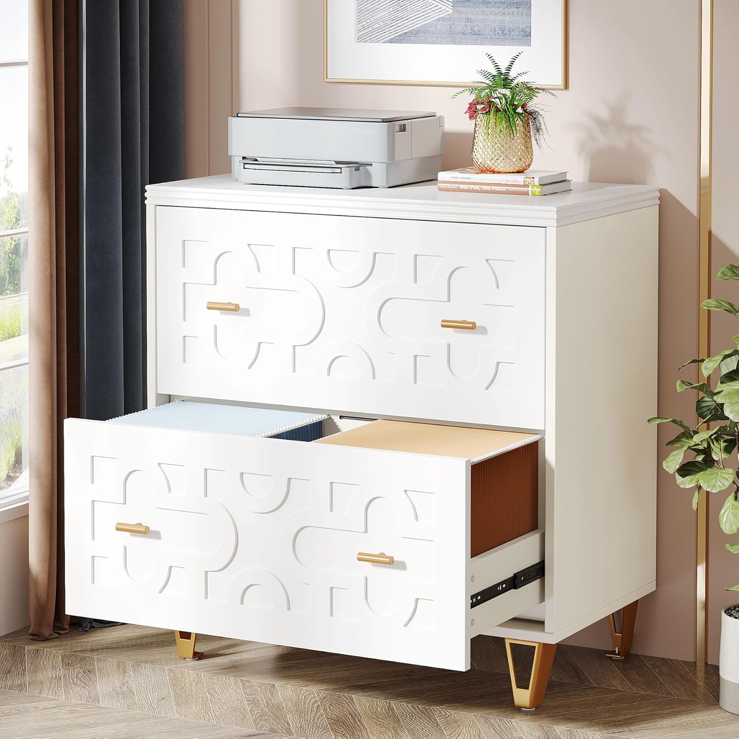 Tribesigns 2-Drawer Lateral File Cabinet, Modern White Filing Cabinet for Legal/Letter/A4 Size, Large Storage Filing Cabinet Printer Stand for Home Office, Warm White and Gold