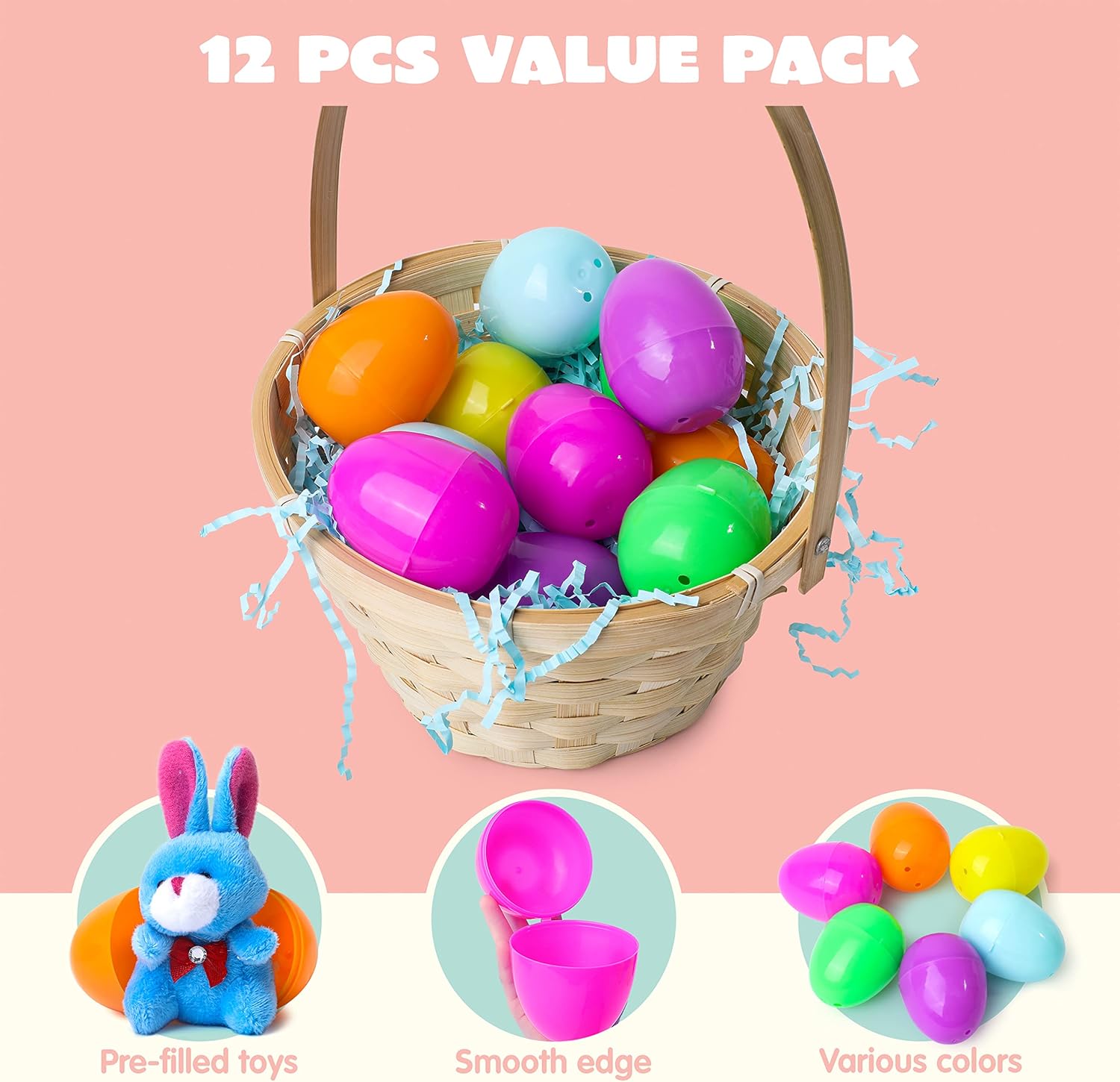 JOYIN 12 Pcs Filled Easter Eggs with Plush Bunny, Bright Colorful Bunnies for Kids and Toddlers, Easter Basket Stuffers and Party Favors, Classroom Prize Supplies