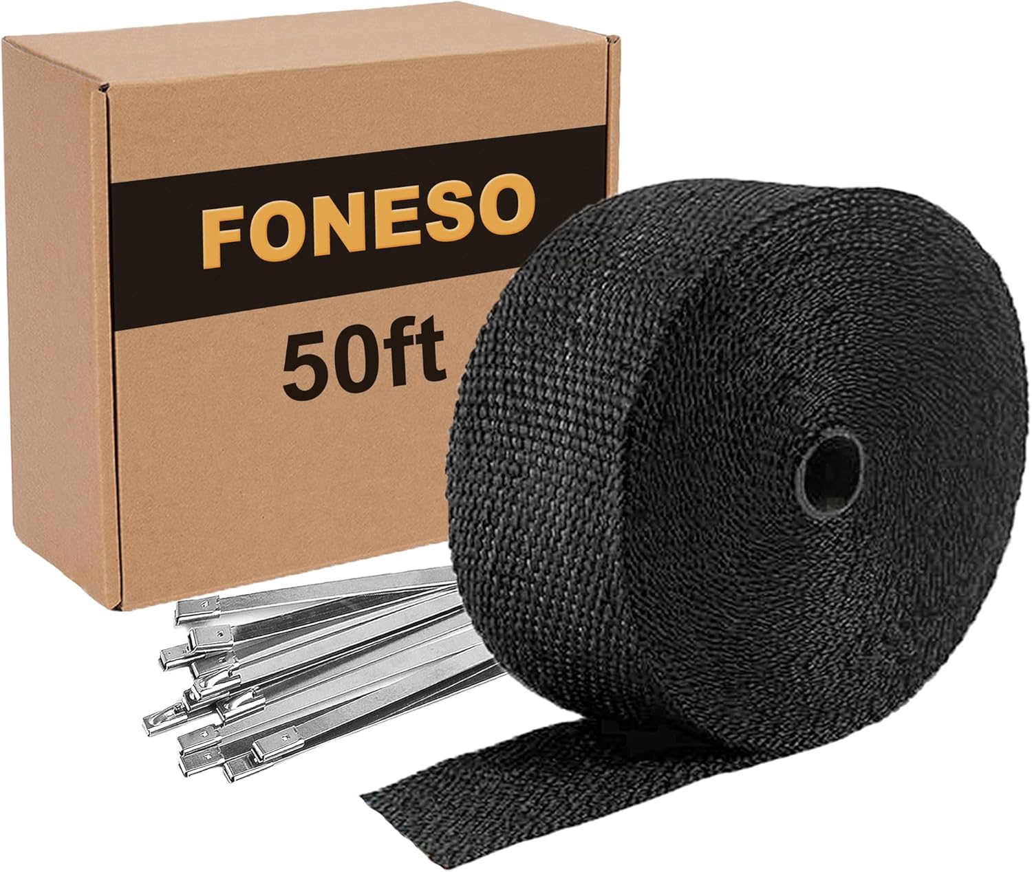 Black Exhaust Heat Wrap, Foneso 2 Roll 2'' x 50' Exhaust Header Wrap Tape Fiberglass Heat Shield Tape with 24pcs Stainless Steel Ties for Motorcycle Car Truck