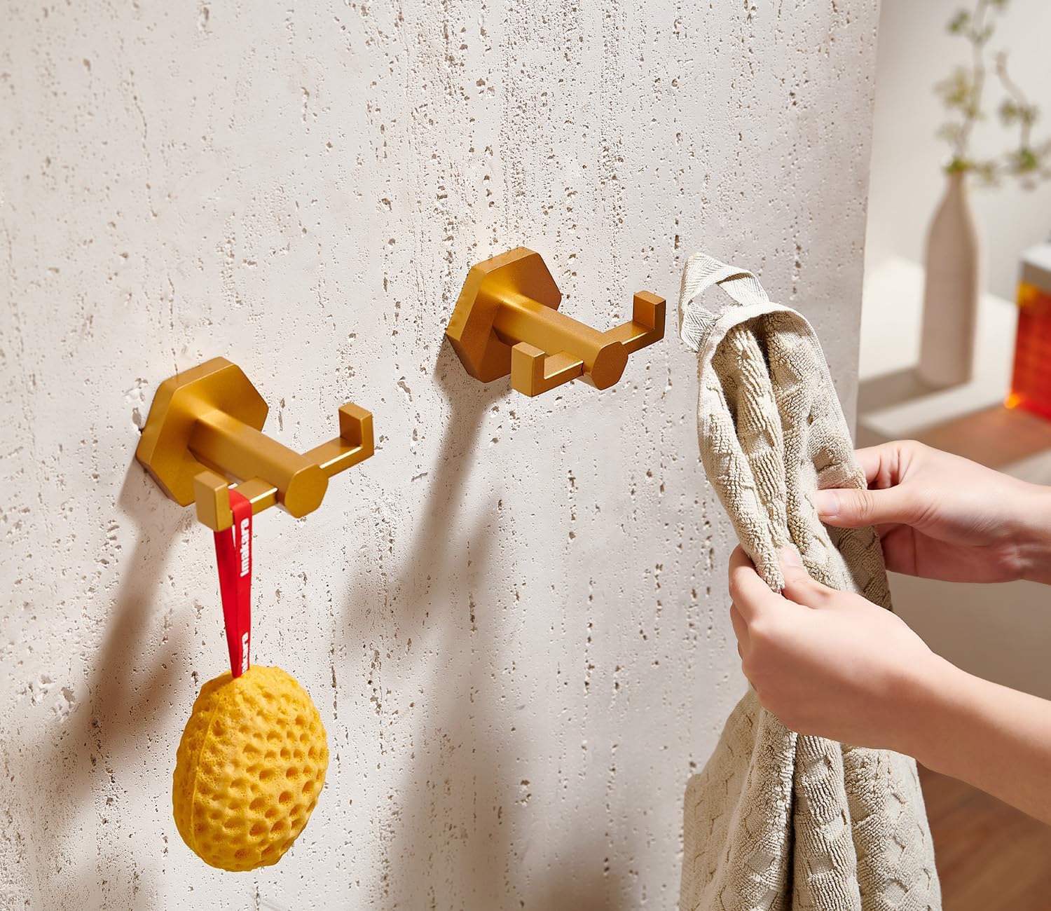 Miyili Bath Towel Hook Gold Stainless Steel Coat/Robe Clothes Hook for Kitchen Garage Wall Mounted Modern Hexagonal Base (2 Pack)