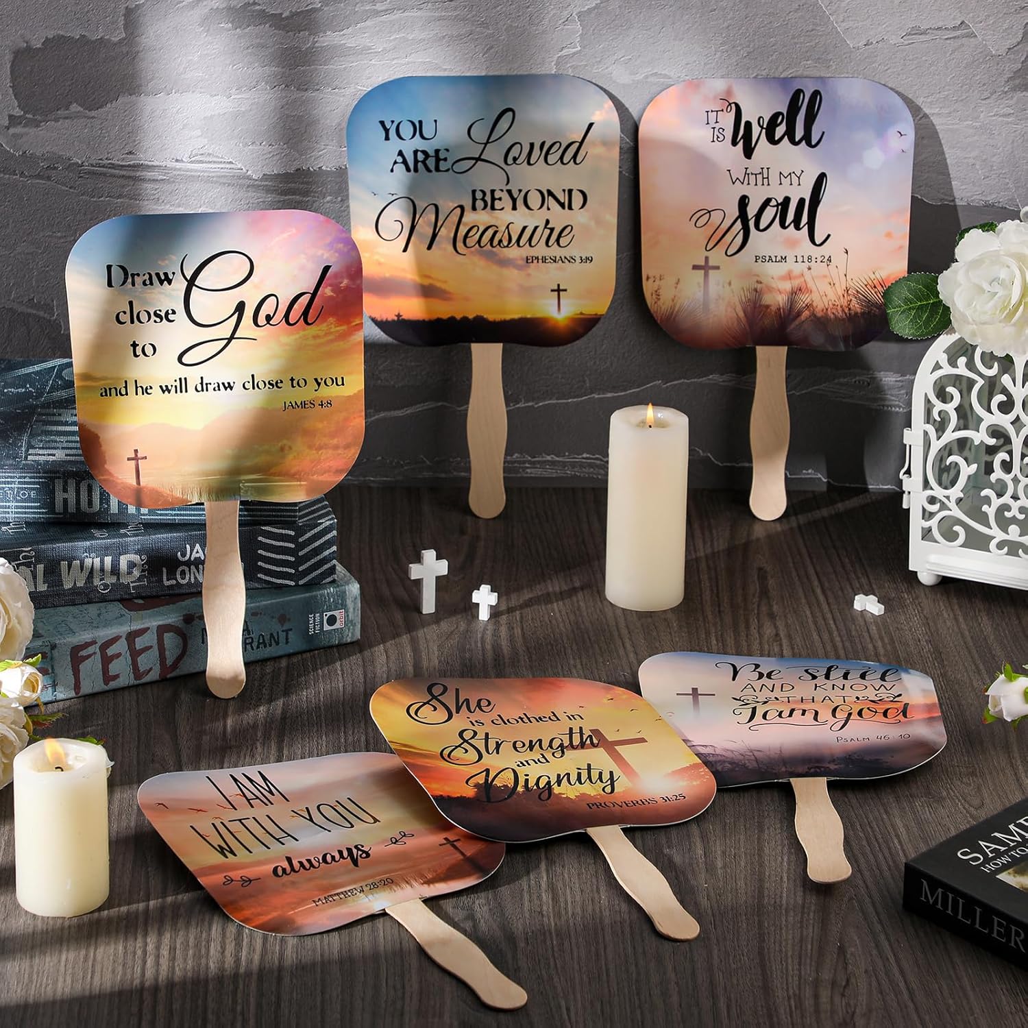 48 Packs Church Visitor Welcome Gifts Church Fans Handheld Christian Paper Fan with Wooden Handle Religious Fans Bible Verse Fans Hand Held Church Supplies for Church Services (Stylish)