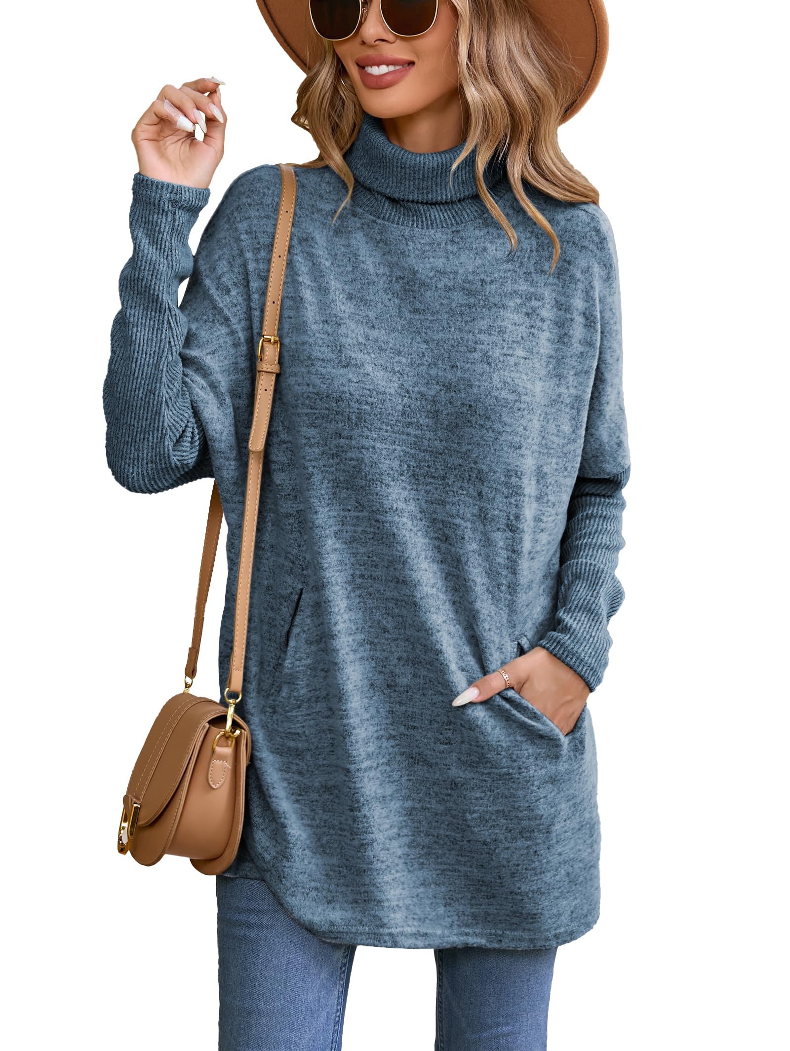 Turtleneck Jumpers for Women UK, Ladies Oversized Fall Winter Longline Jumper Sweaters with Pockets