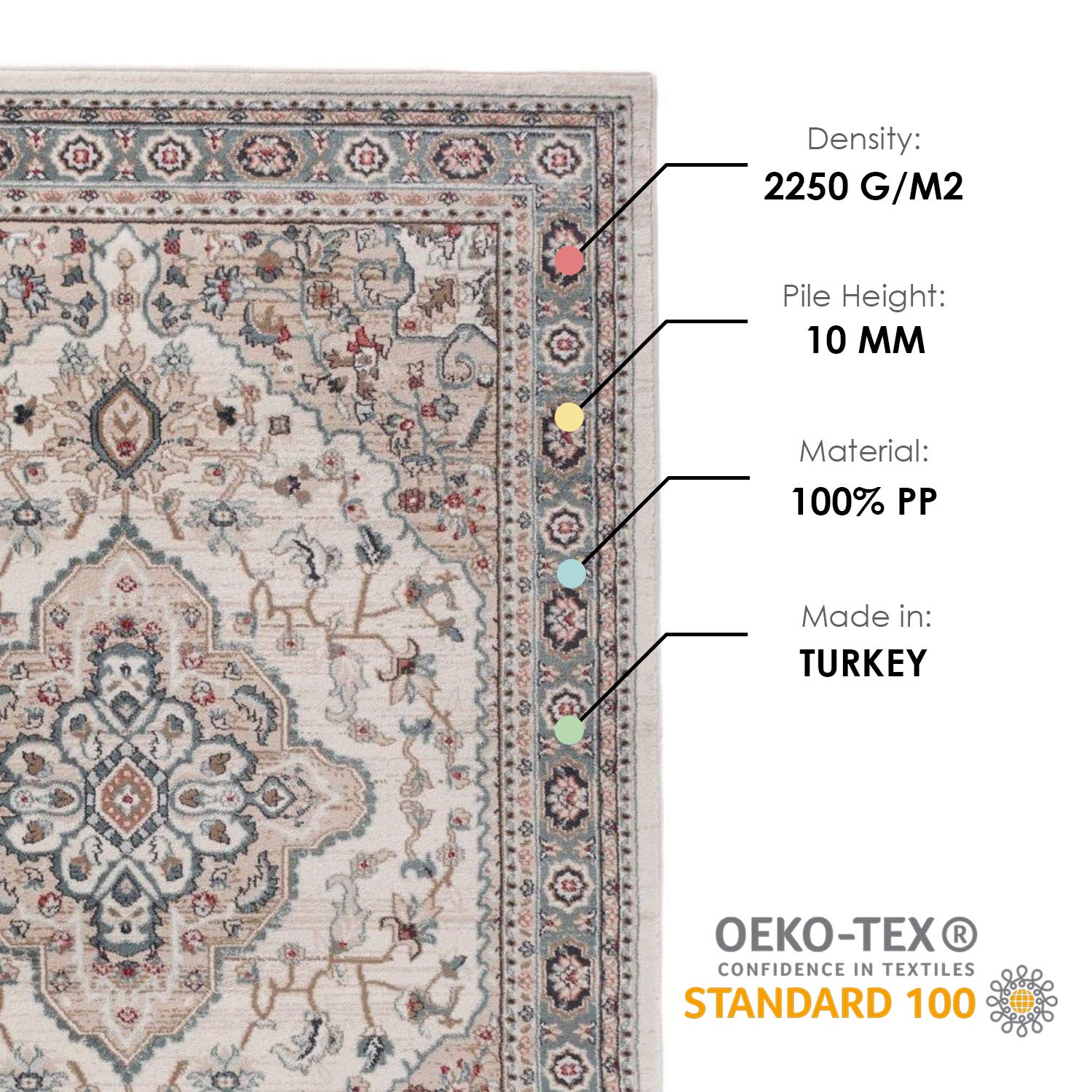 Mazovia Traditioneller Orientalischer Teppich - Weicher Teppich für Wohnzimmer Schlafzimmer Esszimmer - ÖKO-TEX Zertifiziert - AYLA - 140 x 200 cm - Creme