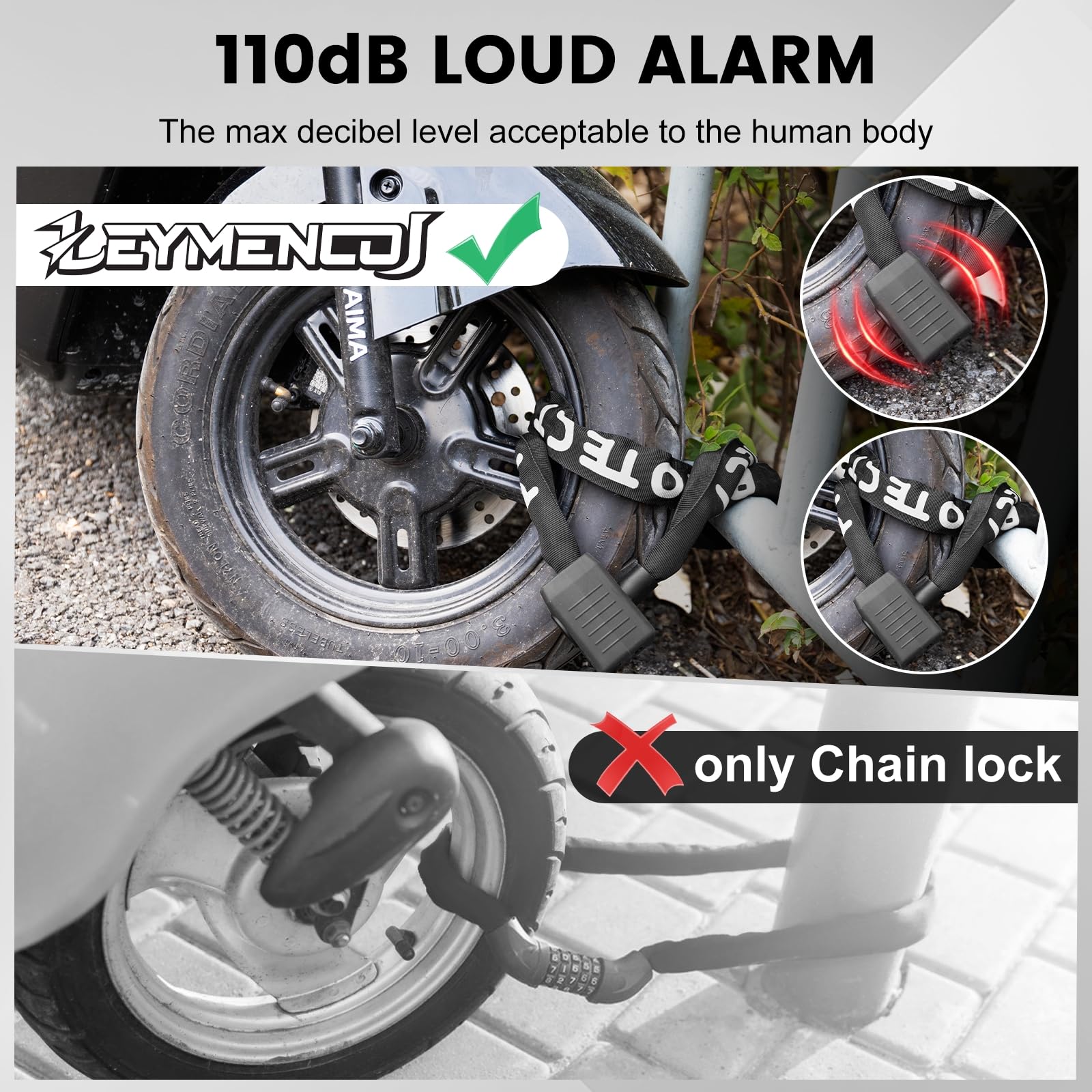 Candado de cadena para bicicleta con alarma de 110 dB
