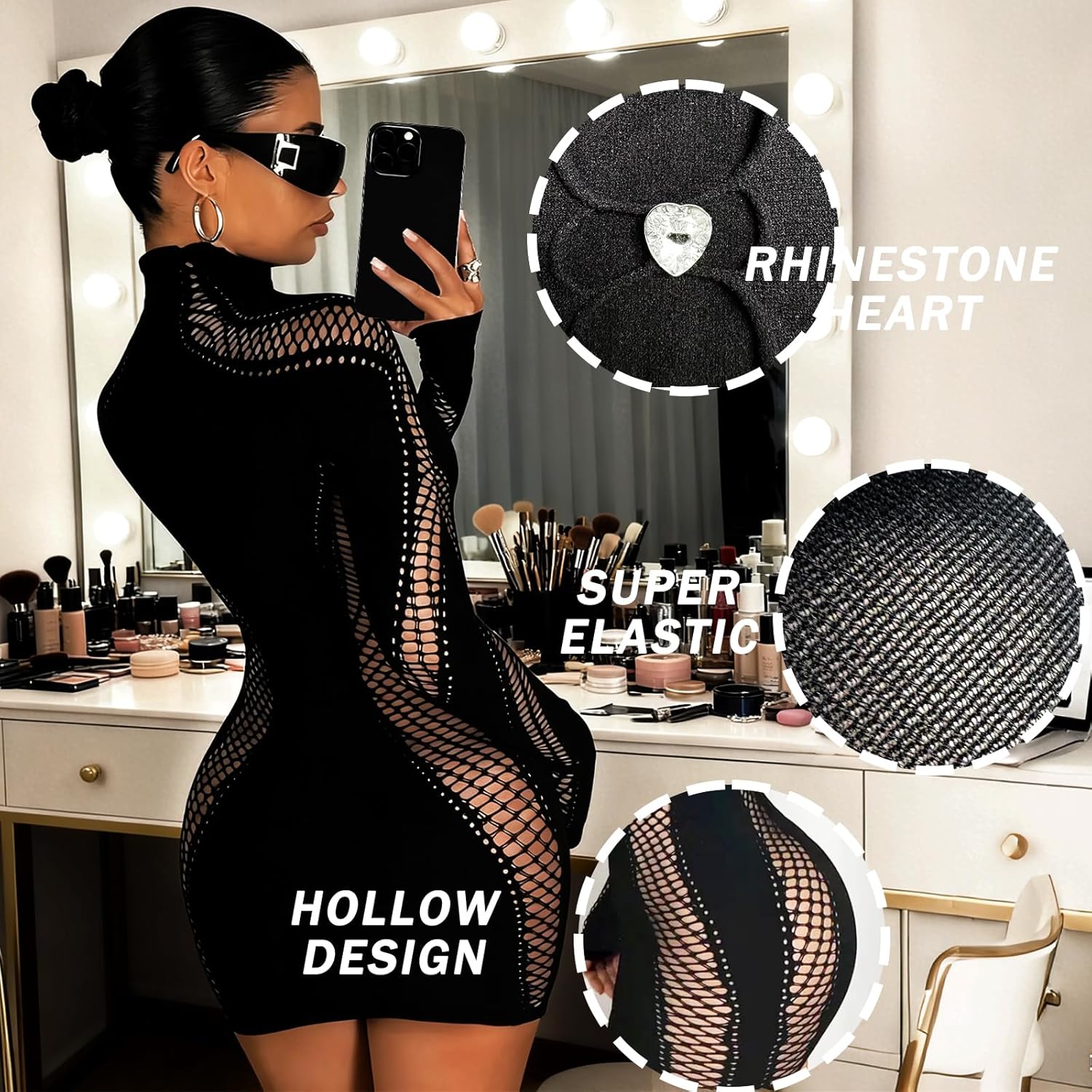 Sexy Long Sleeve Club Outfits for Women, High Neck Bodycon Mini Going Out Hollowed Out Rhinestone Tight Short Dress - Image 4