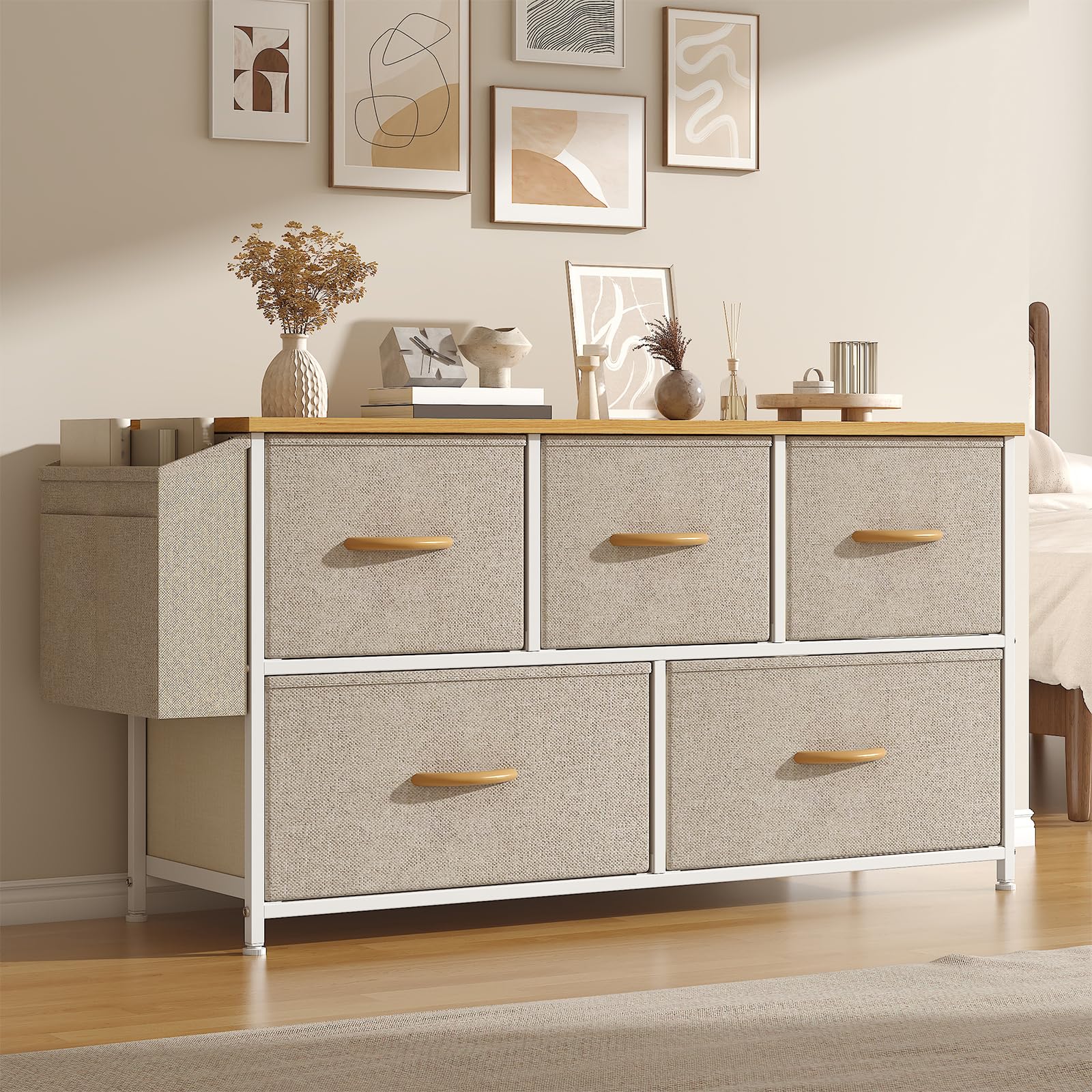 Feonase Fabric 5 Drawer Storage Cabinet with Side Pocket – Wide Dresser Chest for Bedroom, Hallway, Nursery & Closet, Metal Frame & Wood Top, Lightweight Storage Unit Khaki