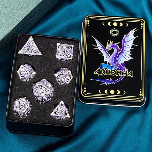 Miniatura 32 de ARUOHHA Juego de dados huecos DND, 7 piezas de dados de metal arcoíris D y D, juegos de rol RPG, dados poliédricos con caja de regalo D20 D12 D10 D8