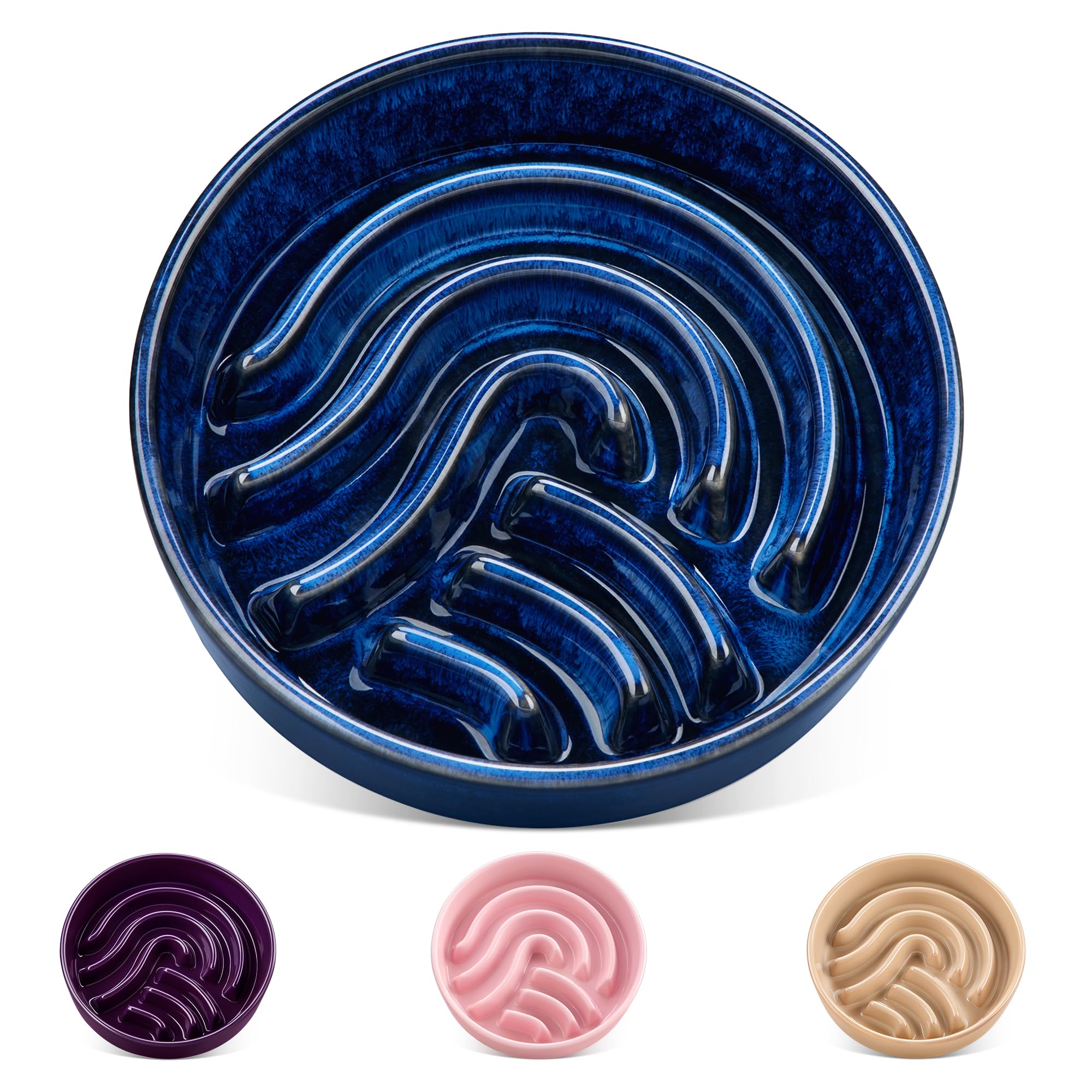 vancasso Slow Feeder Dog Bowl, 1.5 Cup Ceramic Slow Feeding Food Dish for Small and Medium Breed, Puzzle Pet Food Bowl for Cat & Dog, Non-Slip & Tip-Proof, Blue