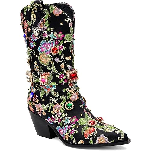 LOCERICH Women Rhinestone Cowboy Sparkly Cowgirl Boots Diamond Western Floral Embroidery Mid Calf Booties