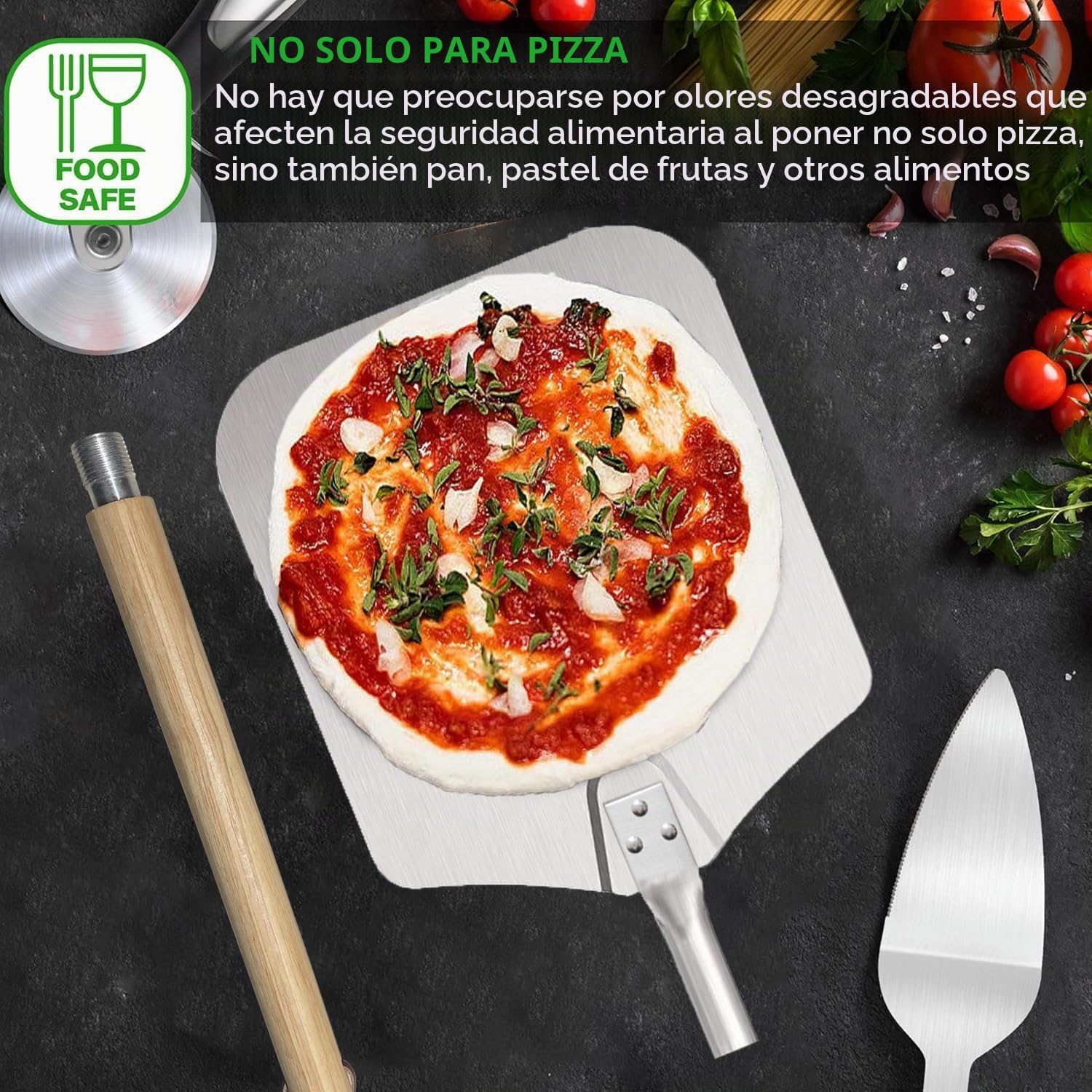 Pala para Pizza 12 inch Espatula Pizza con Superficie Grande 31 cm x 33 cm - Longitud Completa 68cm, Aluminio Anodizado Duradero y Manija en Madera Maciza Natural, Mango Extraíble