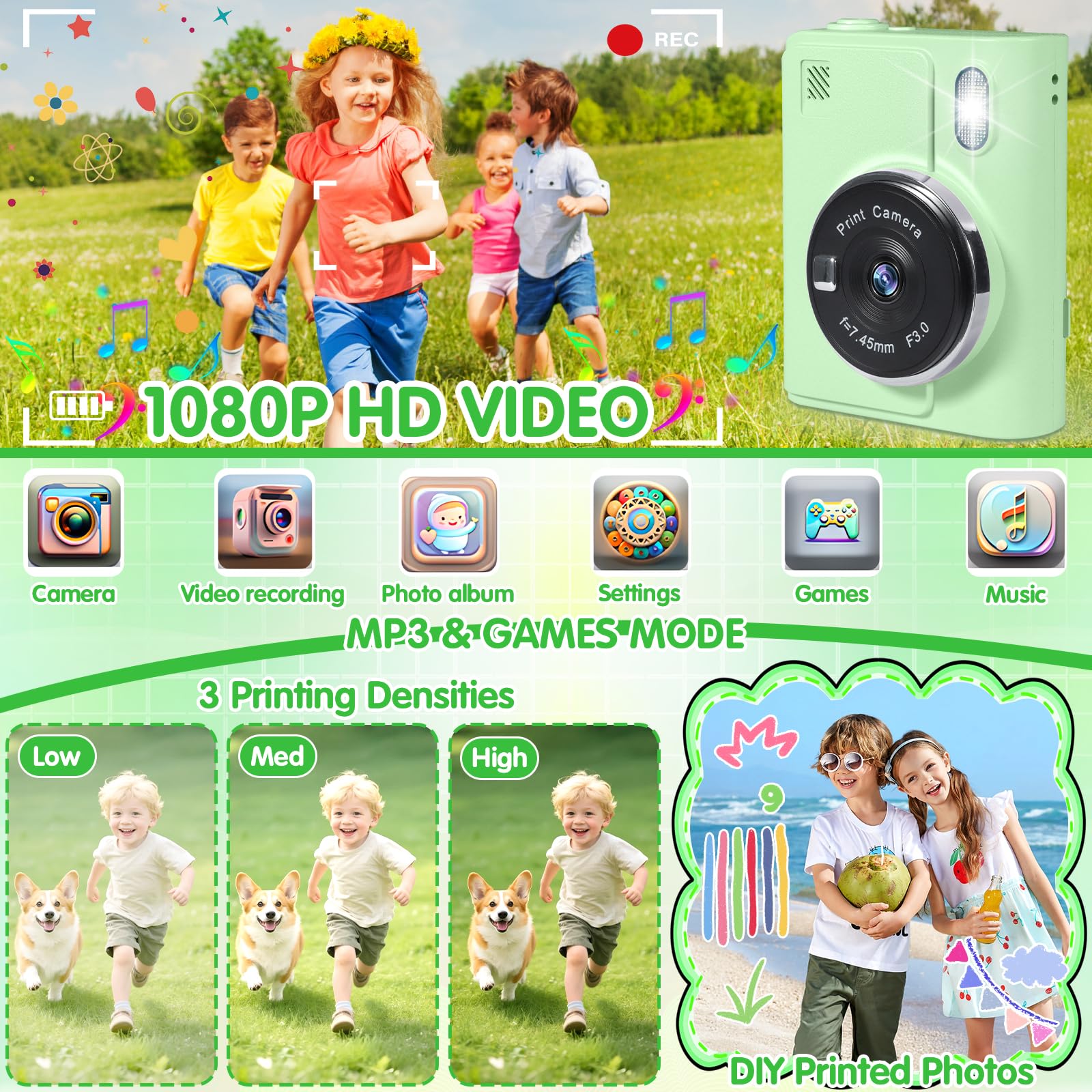 Camara Fotos Infantil Instantanea,1080P Camara Fotos Infantil,2,4 Pulgada con Tarjeta de 32GB y Papel Fotografia,Juguete Cámara Instantánea Regalos para Niños y Niñas de 3-12 Años