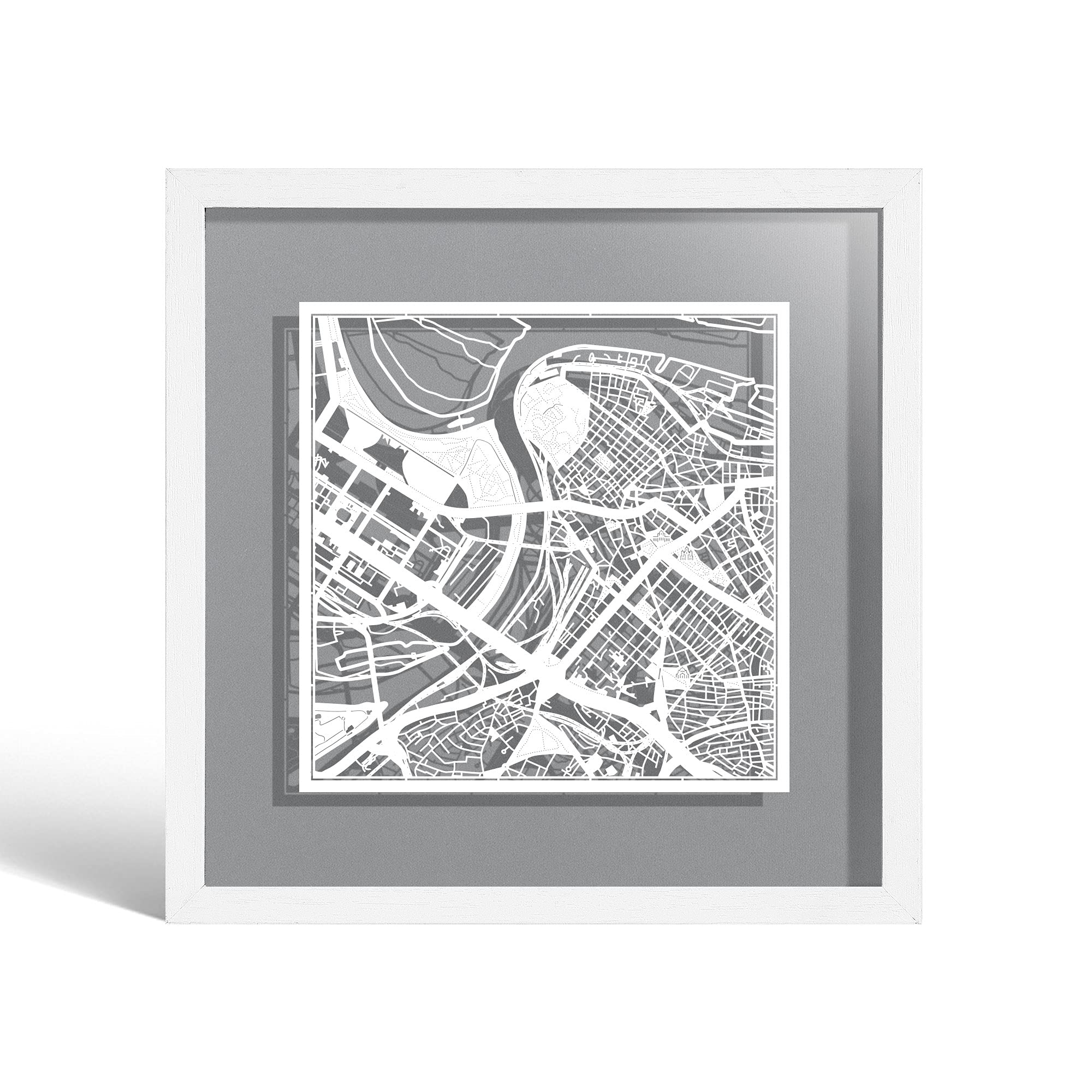 O3 DESIGN STUDIO Belgrade Paper Cut Map framed, White map, White frame, 23x23 cm, Gift Boxed, 4 background color, self-changing, Paper Art — image 1