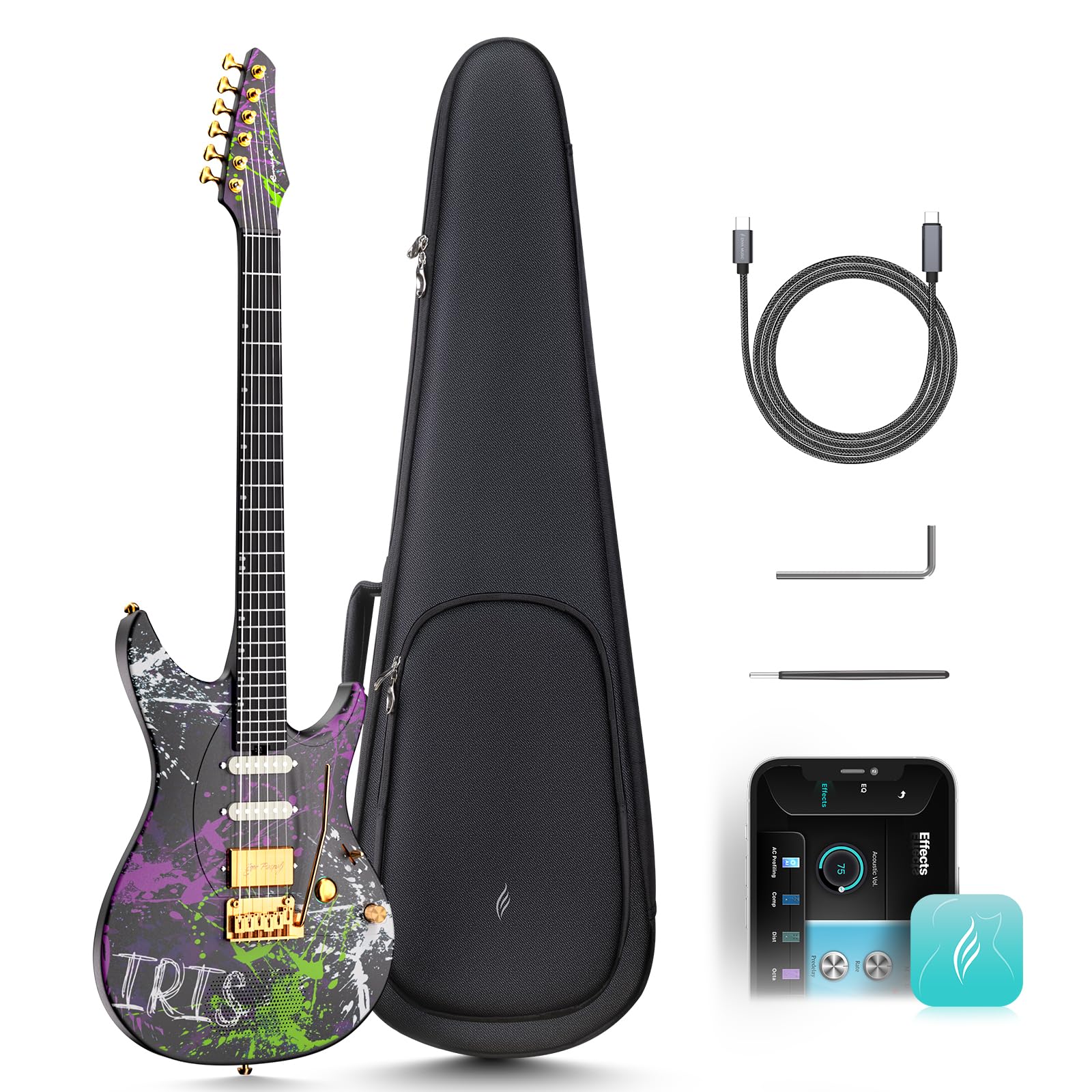 E-Gitarre Inspire 99,1 cm (39 Zoll), intelligente elektrische Kohlefaser-Gitarre mit 15 W kabellosem Lautsprecher, 20 verschiedene Töne, integrierte Voreinstellungen, Ladekabel, Einstellschlüssel und