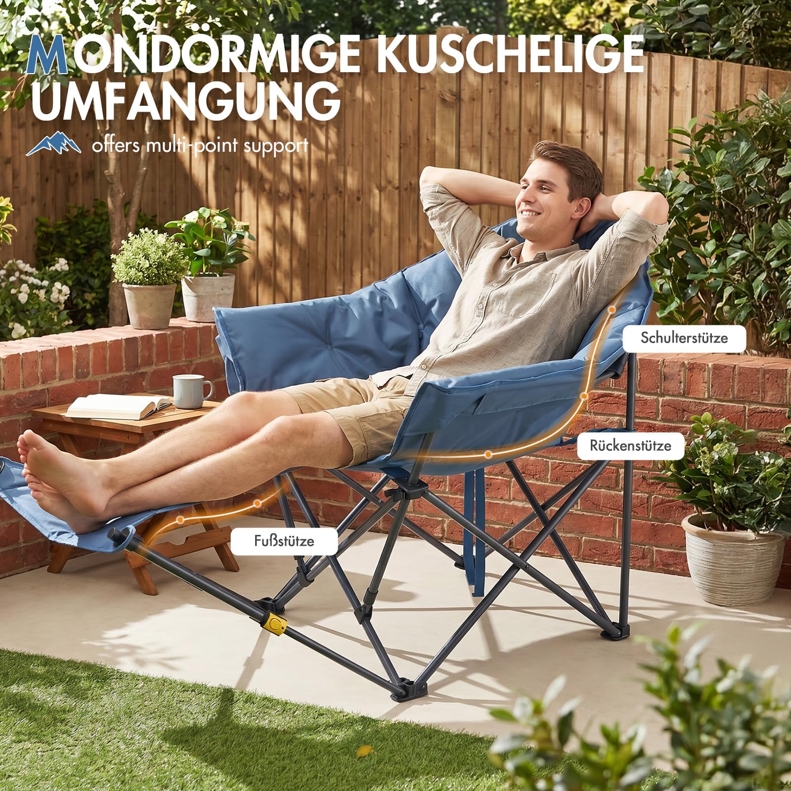 Moonchair Campingstuhl mit Fußablage 180kg XL Bequemer Luxuriös gepolsterter breiter Gartensessel Schwerlast-Liegestuhl ideal für Strand, Picknick, Balkon & Terrasse