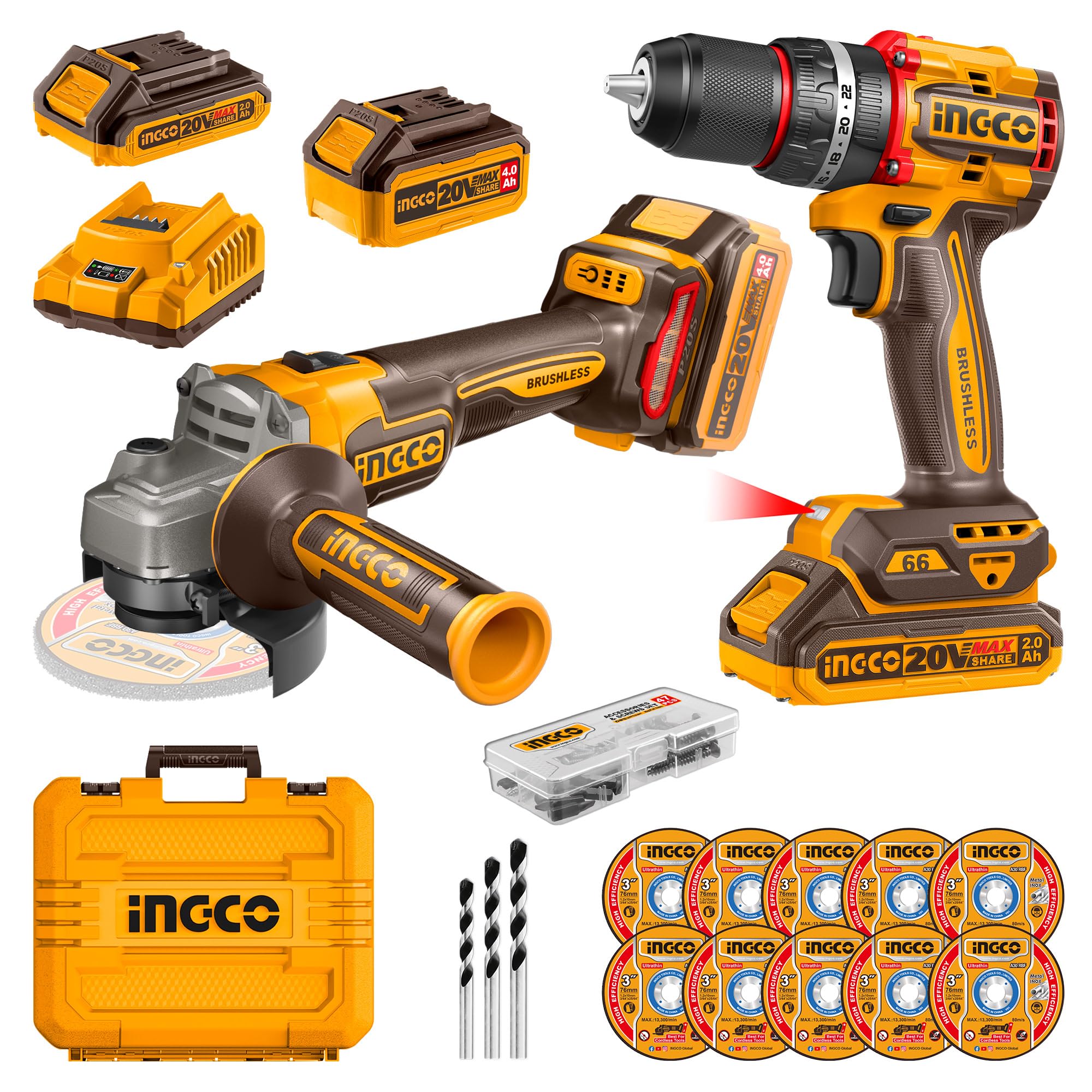 INGCO 20V Cordless Brushless Compact Impact Drill 66NM, 22+1+1 Torque Setting, Brushless Angle Grinder 115mm Angle Grinder Tools, 3000/6000/9000 RPM, LED Work Light with Battery and Charger CKLI20273