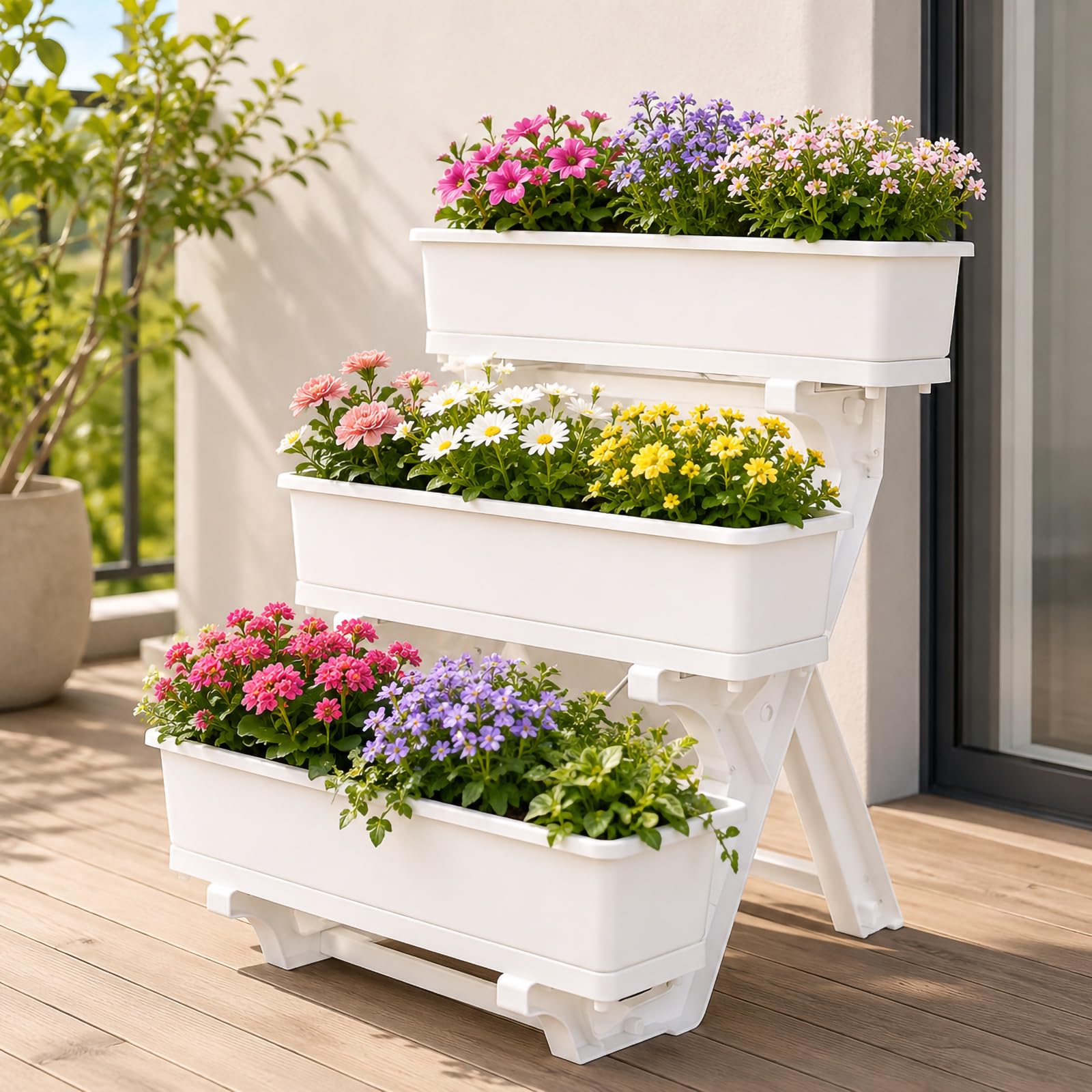 Jardinera Elevada De PP con 3 Niveles, 56 Orificios De Drenaje Y Perfil Estrecho, Mesa De Cultivo para Balcón, Huerto Urbano para Verduras, Flores Y Plantas,Blanca,72 * 58 * 75cm