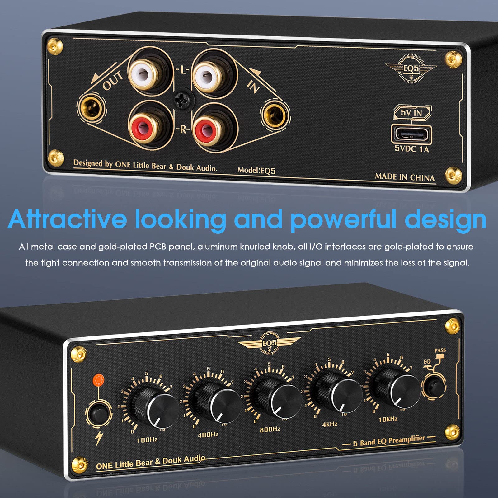 Douk Audio EQ5 Mini Vorverstärker 5-Band EQ Preamp Stereo Analog Equalizer Portable Audio Processor for Home/Car (EQ5)