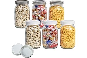 Six-Pack Wide-Mouth Glass Mason Jars with Plastic and Metal Lids in 32-Ounce Size