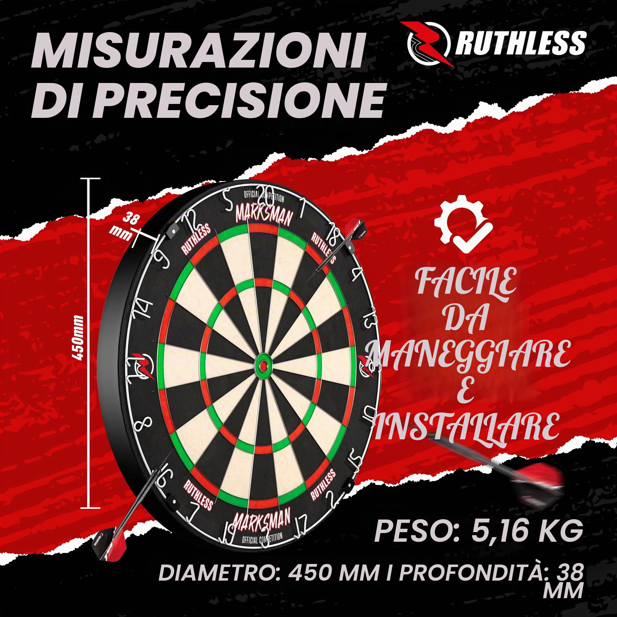 Ruthless Marksman Dart Board Bersaglio professionale ultra sottile in filo di sisal per freccette con punta in acciaio DB072