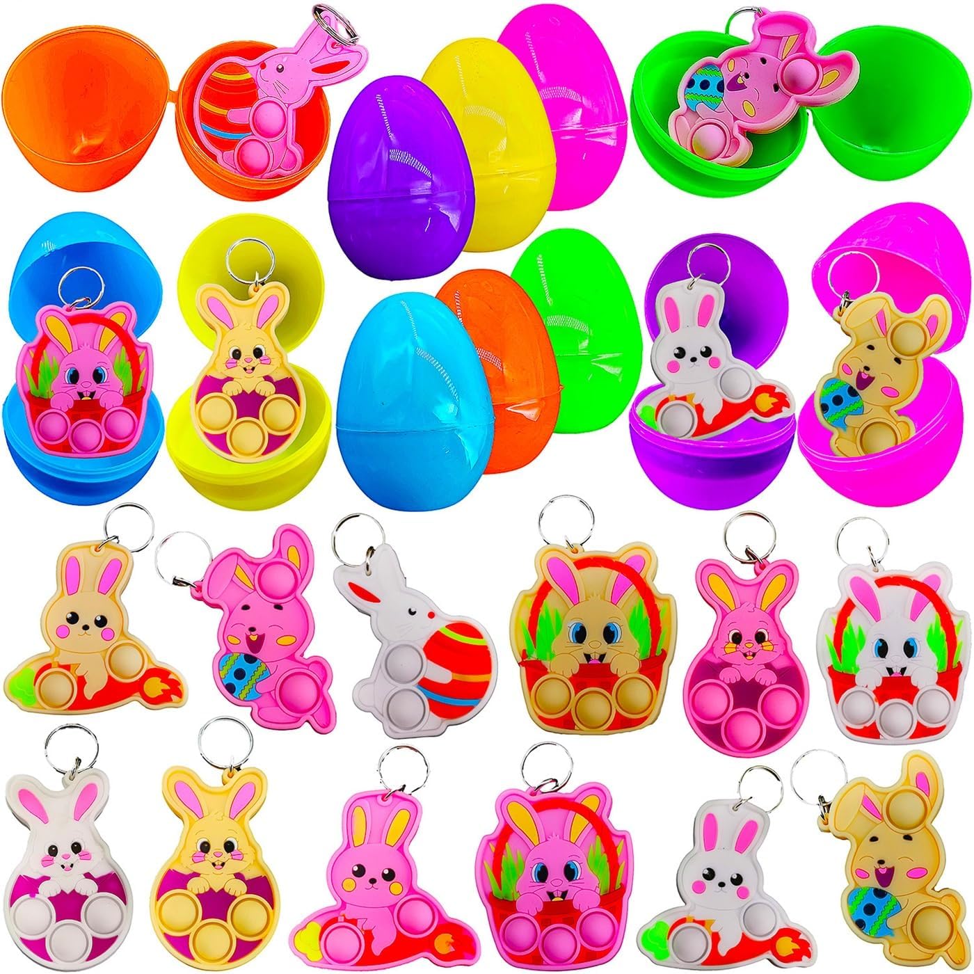 24 Pcs Bulk Easter Rabbit Fidget Keychain Toys Goodie Bag Stuffer ,Classroom Birthday Egg Party Favors,Mini Pop Holiday Carnival Prizes
