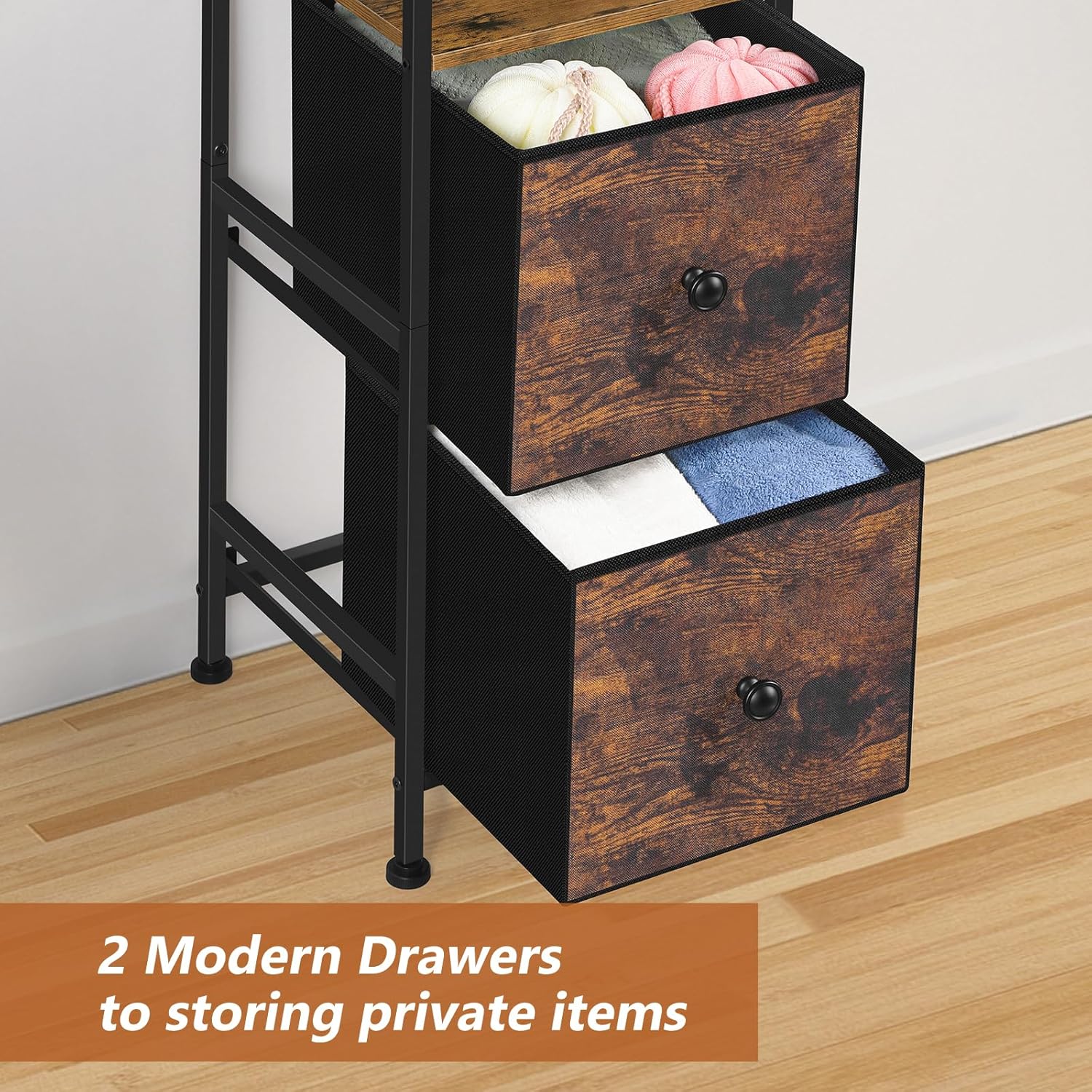 smusei Bathroom Floor Cabinet Tall Slim Bathroom Storage Cabinet with 2 Fabric Drawers, Narrow Freestanding Bathroom Towel Organizer Stand for Living Room Kitchen, 11.8" D x 11.8" W x 55.8" H, Brown - Image 4