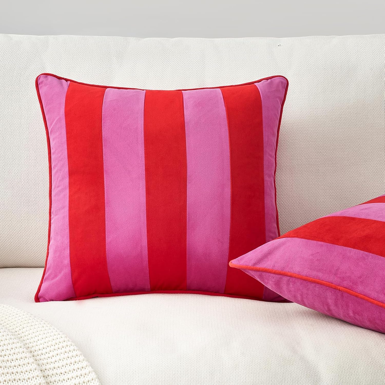 MONDAY MOOSE Decorative Throw Pillow Covers Cushion Cases, Set of 2 Soft Velvet Striped Piping Edge Designs, Pillow Inserts Not Included (20x20 inch, Hot Pink/Red) - Image 5