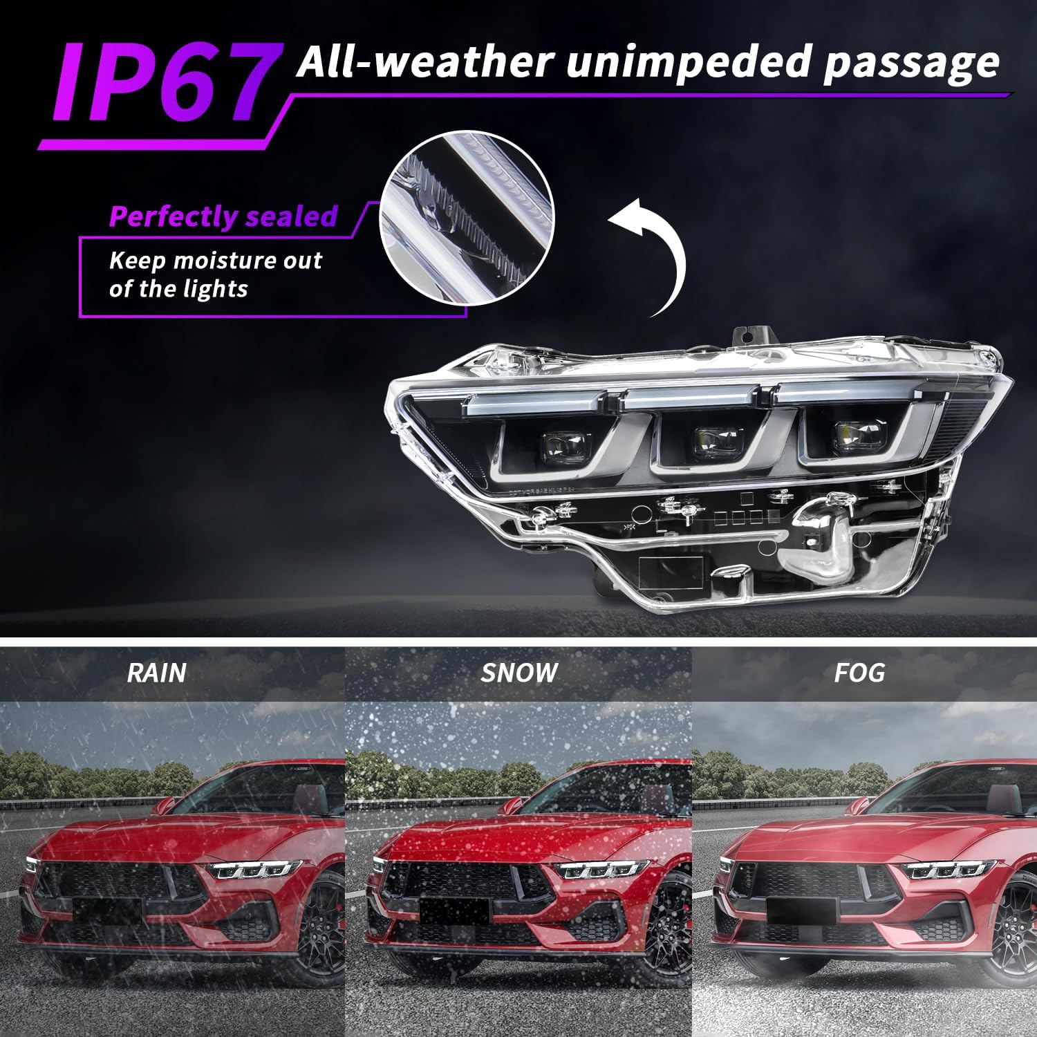 Headlights for Ford Mustang 2024-Up, OE Style Front Light Assemblies for 7th Gen Mustang S650, Chrome Inner, Plug and Play, Left Driver Side