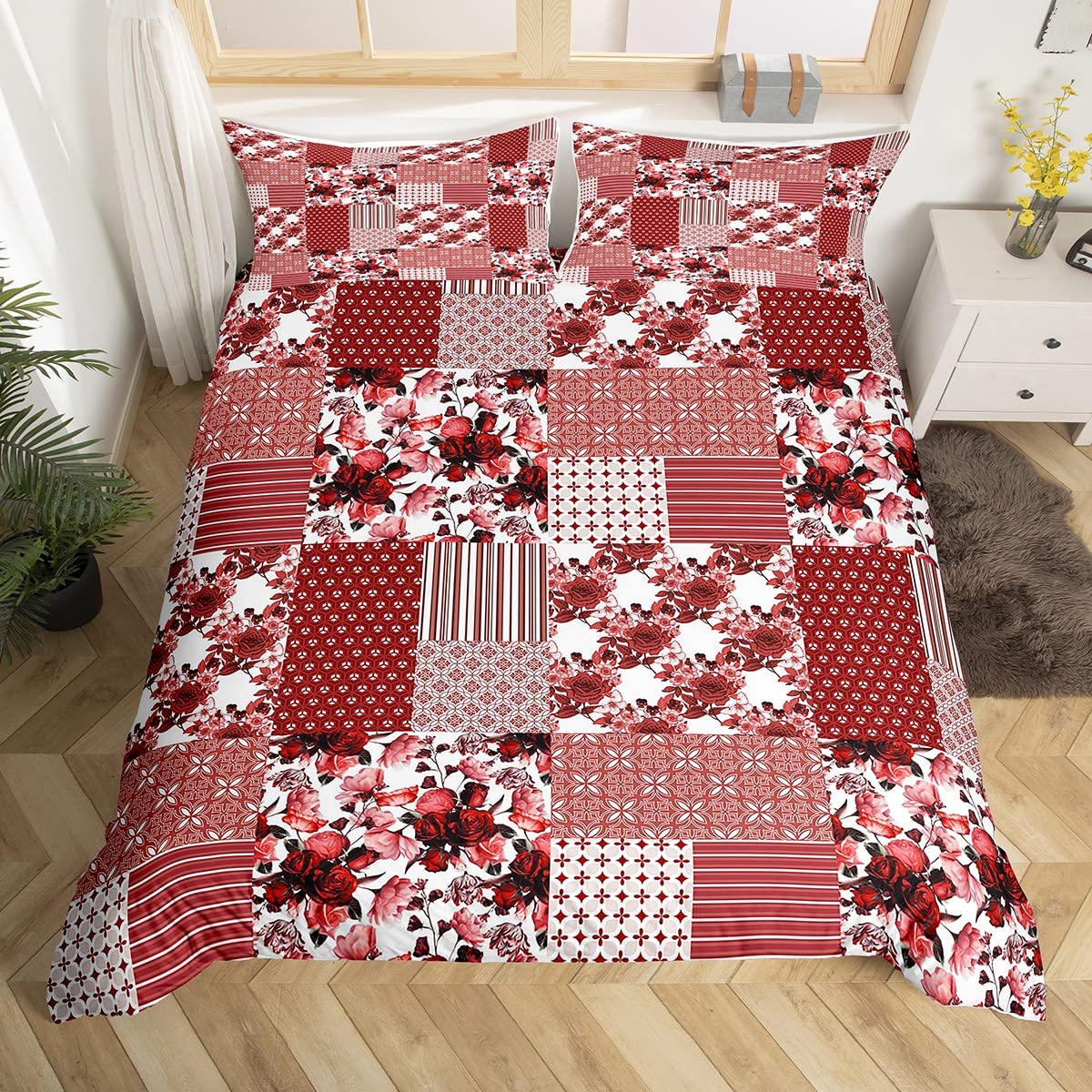 Feelingyou Red Pink Burgundy Patchwork Bedding Set King Size,Red Flowers Floral Print Duvet Cover Set For Children Bedroom Present, Stripes Geometric Plaid Microfiber Comforter Cover With 2 Pillowcases