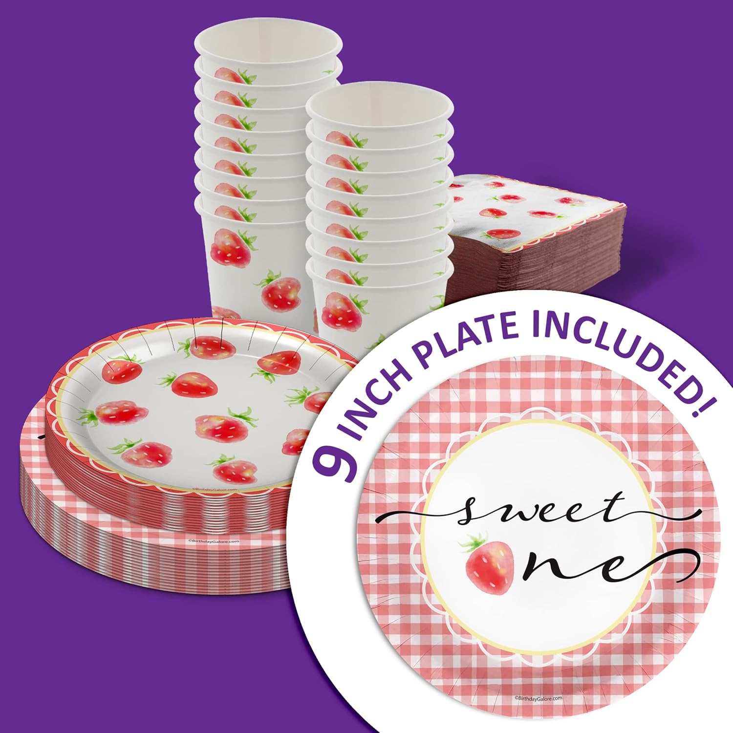 Sweet One Strawberry 1st Birthday Party Supplies - 64 Piece Baby Girls Berry First Birthday Tableware Set Includes Large 9" Dinner Plates and 8" Dessert Paper Plates Napkins Cups - Kit for 16