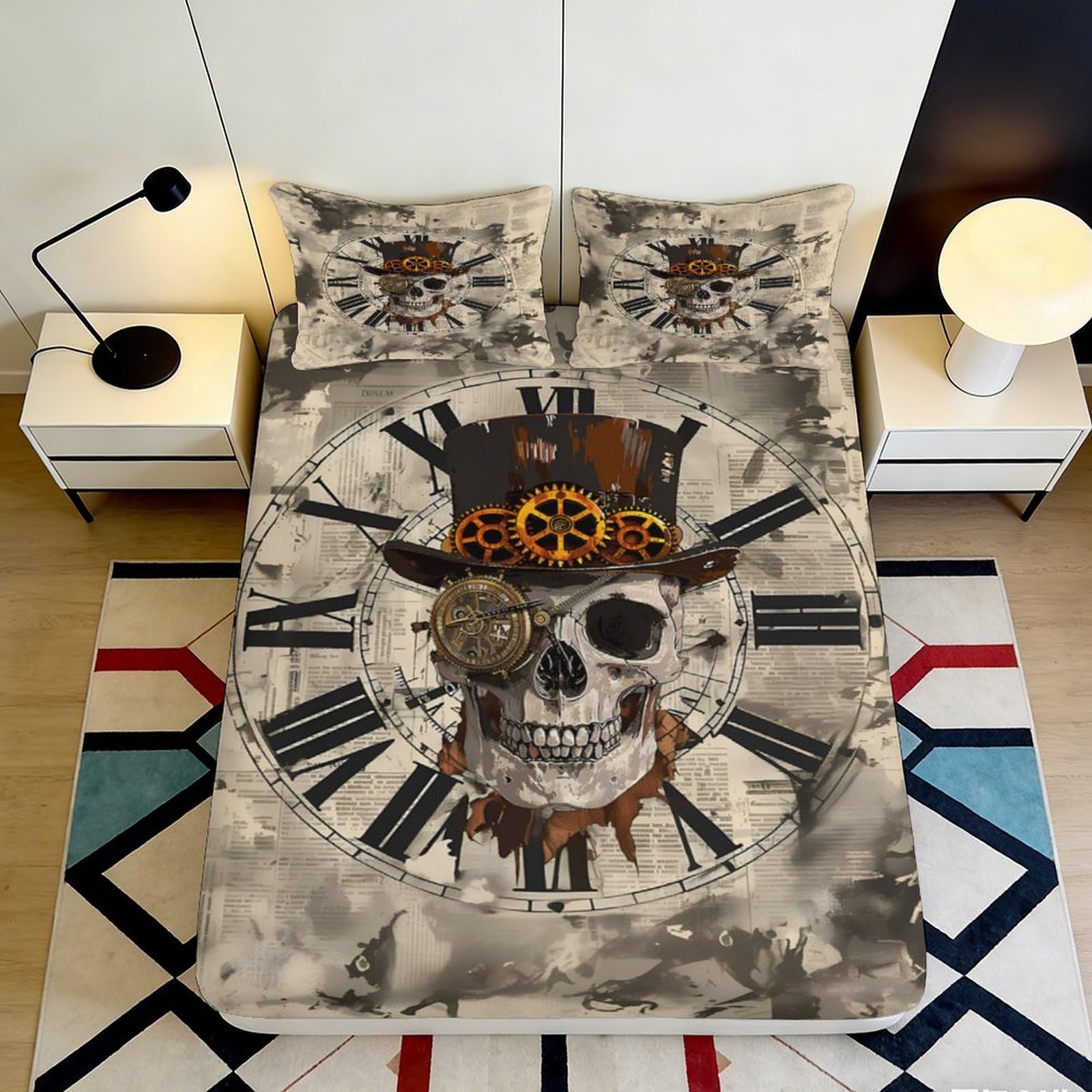3D Printed Steampunk Skull Fitted Sheet Microfiber Soft Decor Clockwork Bed Cover for Bedroom Dorm Mattress Protection 90x200x25cm