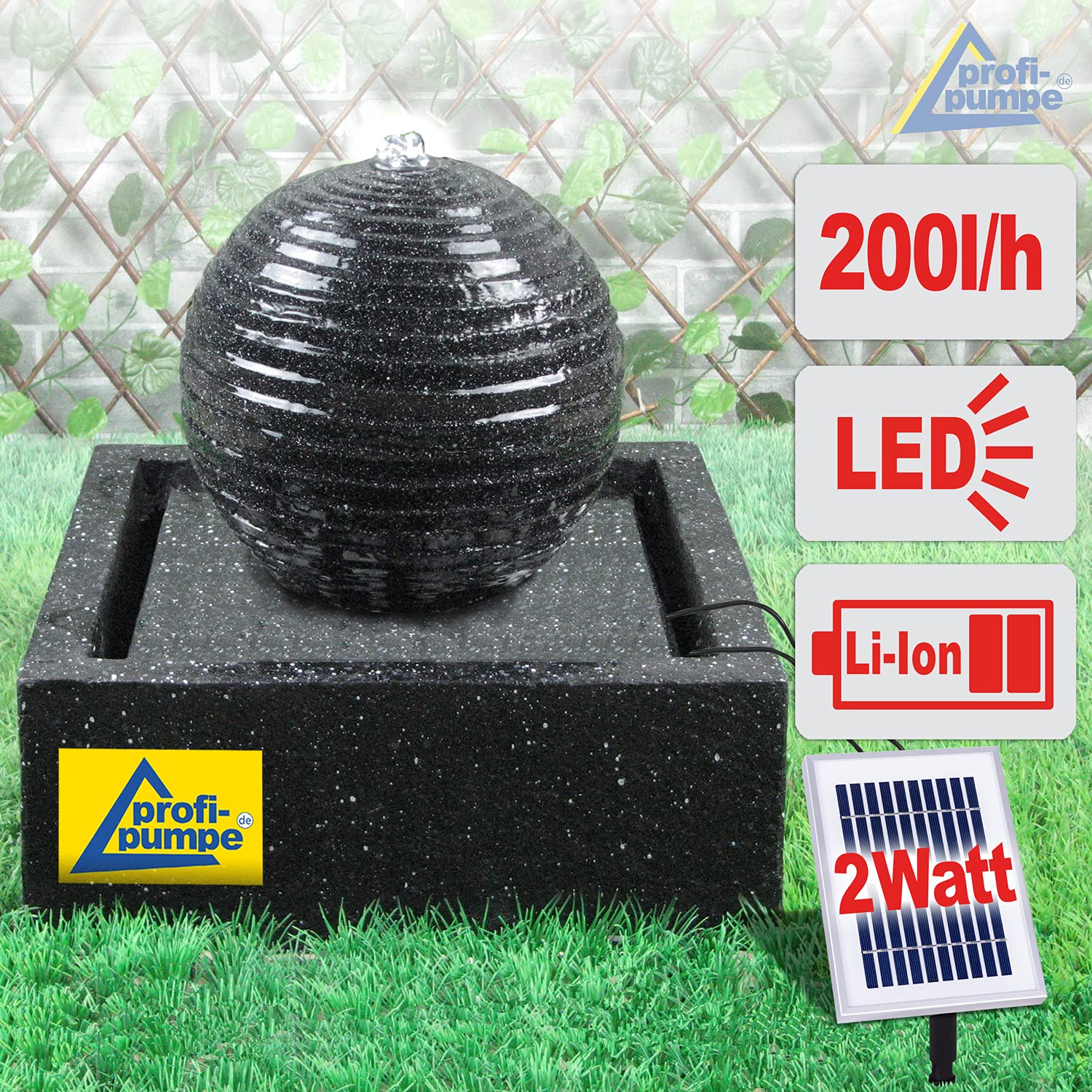 Solar Gartenbrunnen Brunnen Zierbrunnen Zimmerbrunnen Springbrunnen Brunnen mit LED-Licht und Li-Ion-Akku Wasserfall Wasserspiel (Solar - Gartenbrunnen MODERN-2 mit LED-Licht)