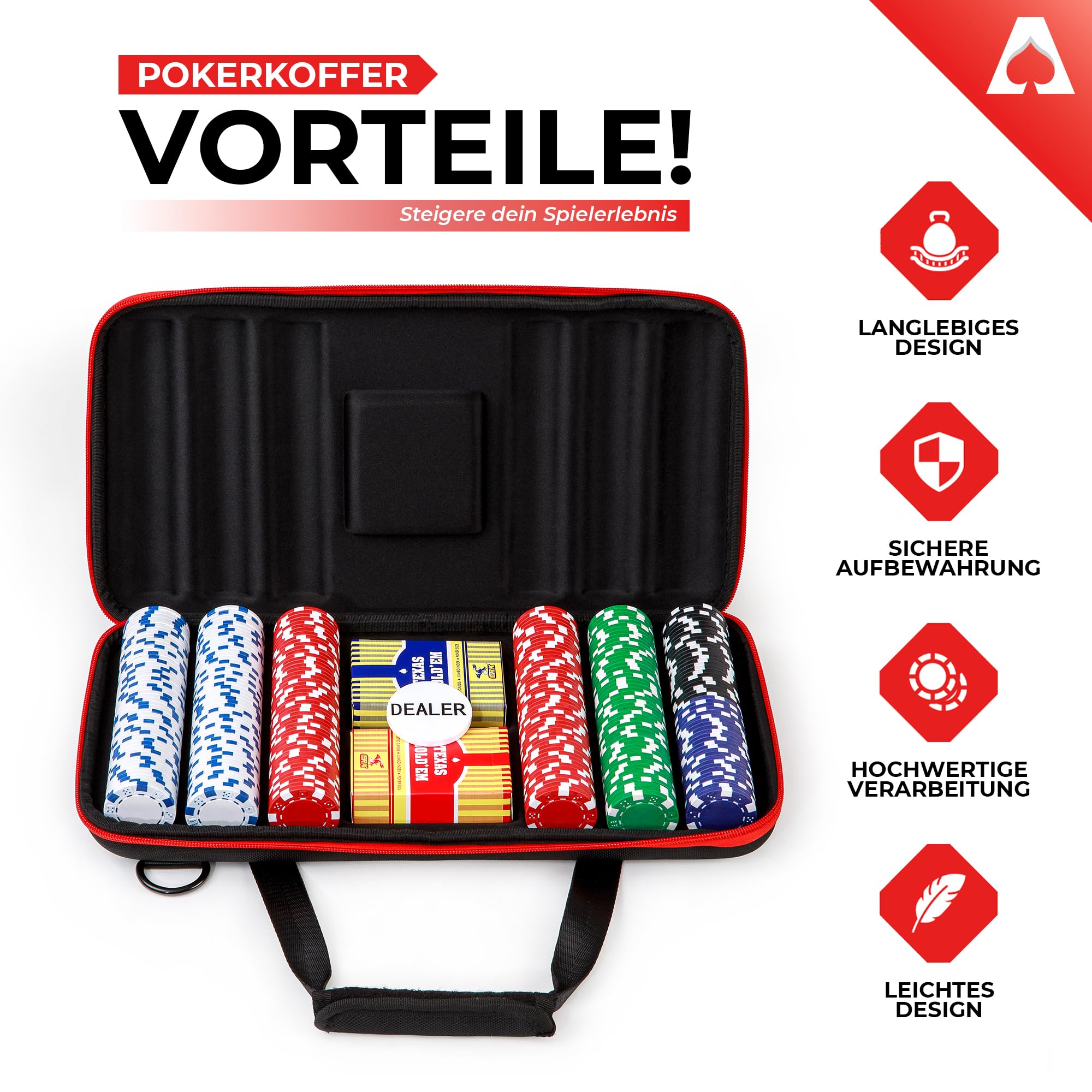 Pokerkoffer | PokerSet mit 300 Pokerchips je 11,5 g im Casino Stil - Poker Chips Set + Goldene Kartenspiel als Geschenk