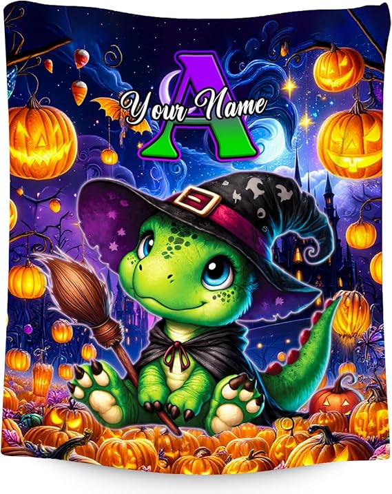 Halloween Throw Blanket, Dinosaur Blankets for Boys Girls, Personalized Gifts with Initial, Custom Monogram Gifts, Warm Flannel Halloween Throw for Couch Bed (4 Sizes Choose)