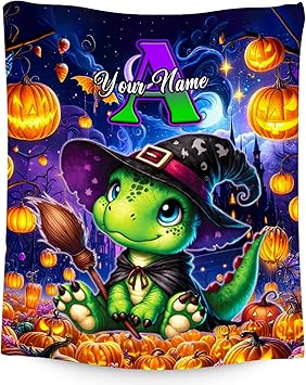 Halloween Throw Blanket, Dinosaur Blankets for Boys Girls, Personalized Gifts with Initial, Custom Monogram Gifts, Warm Flannel Halloween Throw for Couch Bed (4 Sizes Choose)