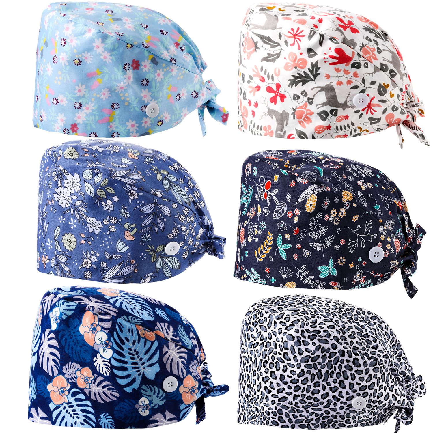 6 Pcs Women Scrub Caps Surgical Nurse Working Hats with Button and Sweatband Adjustable Elastic Nursing Bouffant Caps