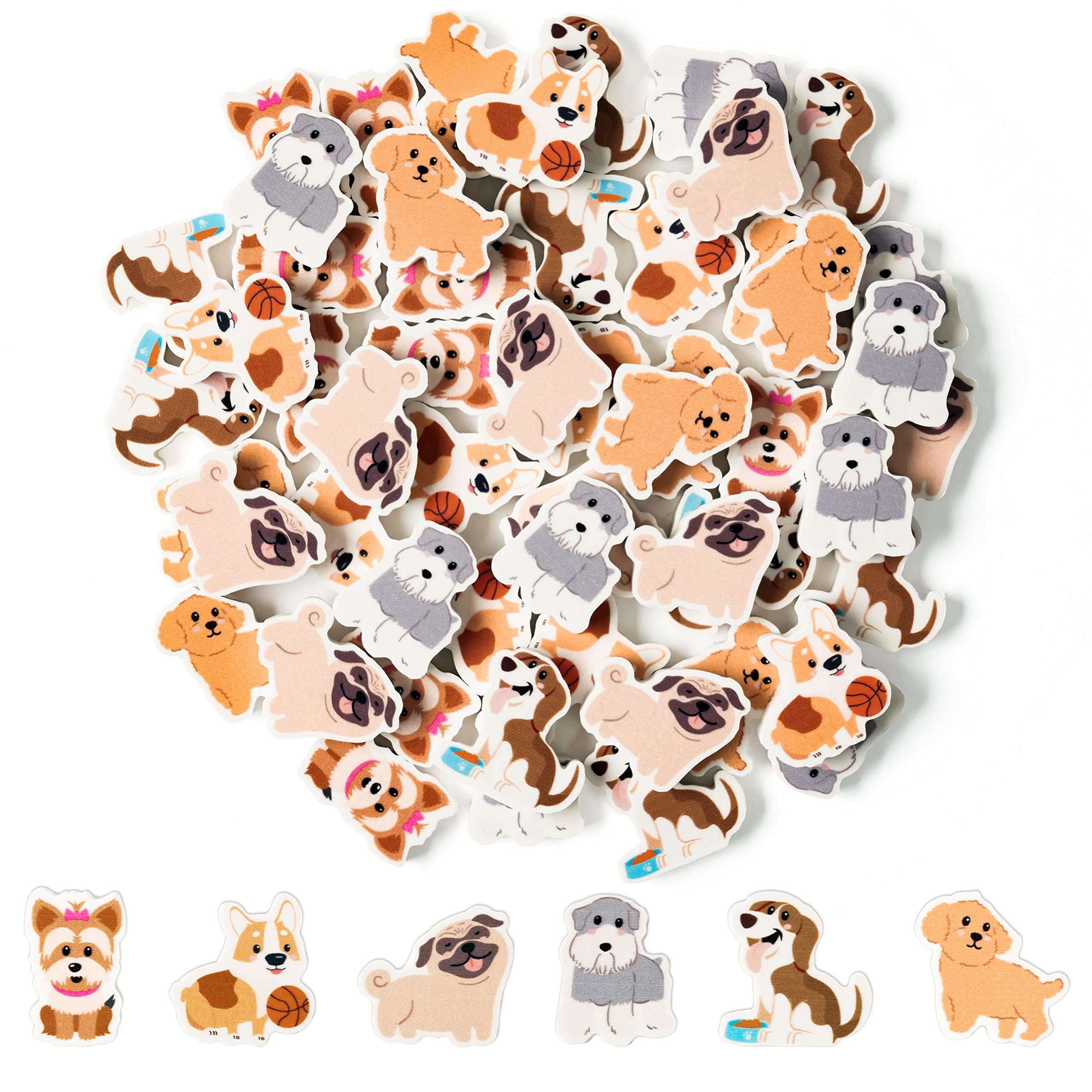 ANGOLIO 60PCS Animal Erasers for Kids - Cute Dog Pencil Toppers Classroom Rewards, 3D Mini Desk Pets for School Party Favors Birthday Gifts & Game