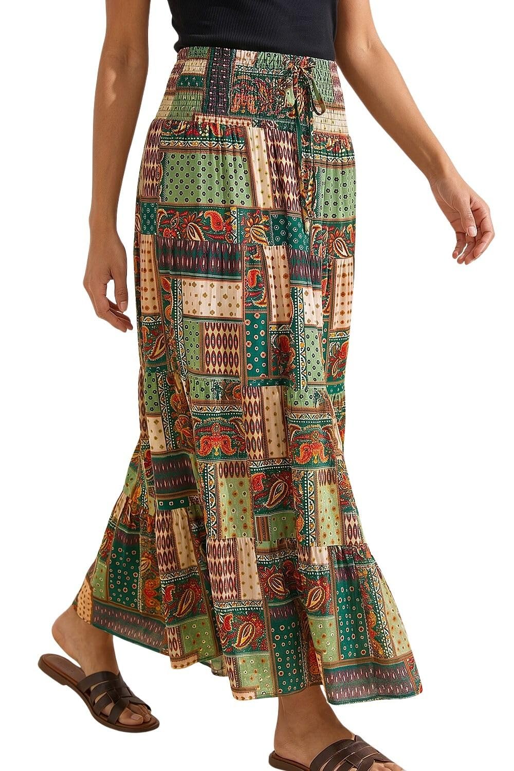 Roman Women's Khaki Tile Print Shirred Maxi Skirt In | Size: 12