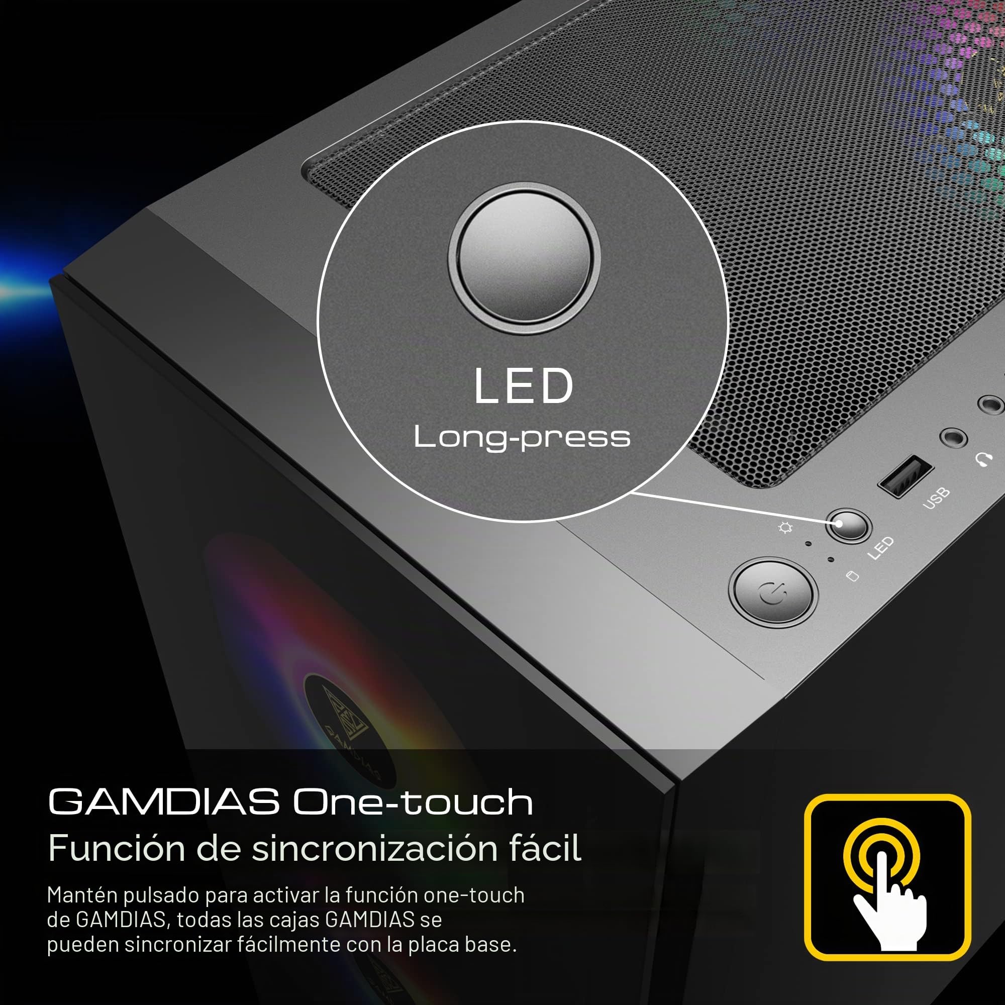 GAMDIAS TALOS E3 Caja para PC ATX Mid Torre, 3 Ventiladores ARGB 120 mm, Panel Vidrio Templado sin Herramientas, Soporte ATX, Diseño con Cubierta de PSU, Negro
