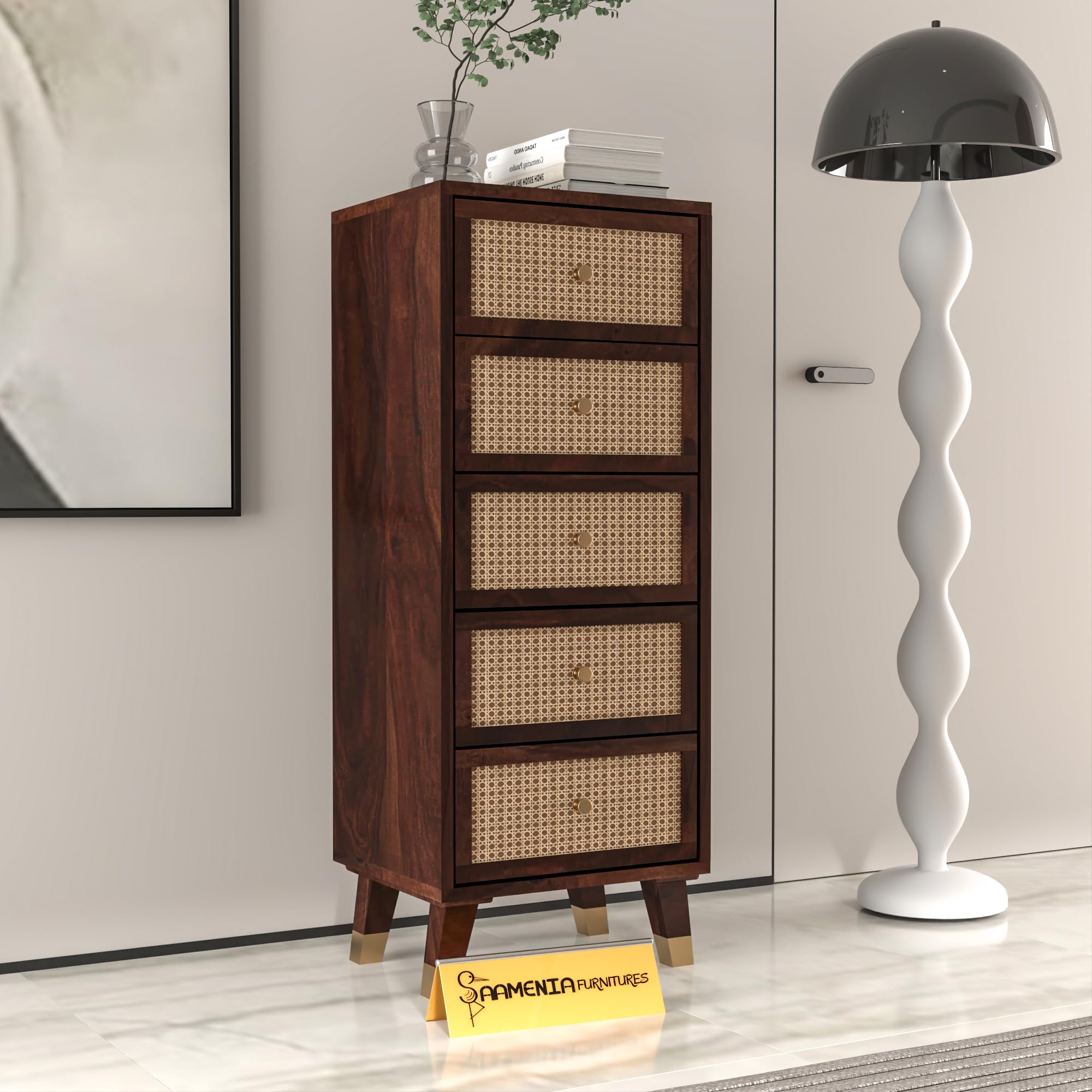 Solid Sheesham Wood 5 Drawer Chest | Rosewood Chest of Drawers with Cane Front | Tall Storage Cabinet for Bedroom & Living Room (Walnut Finish)-picture-26