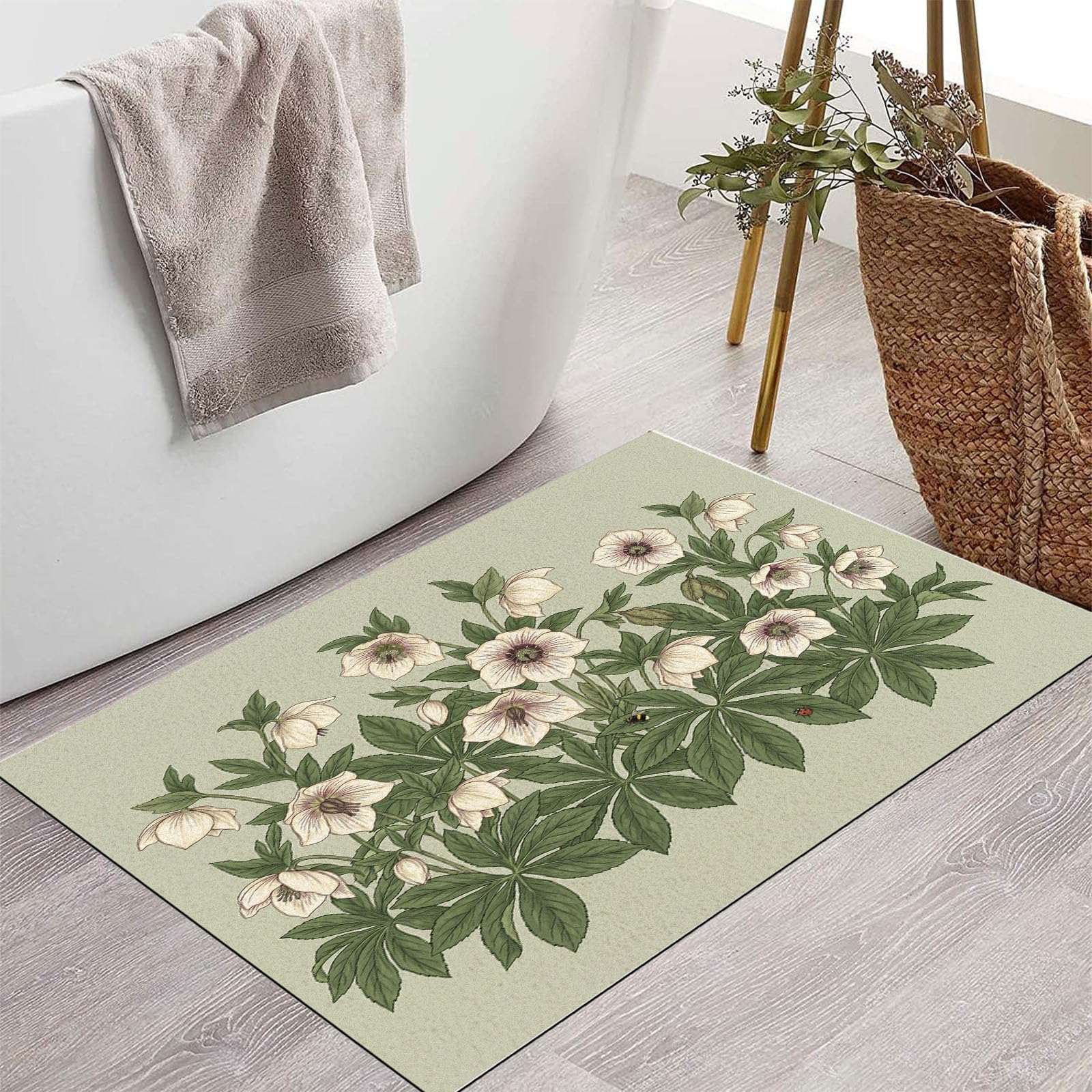 Zerbino Ingresso Interno Semplice Fiore Foglia Palma, Zerbino Di Benvenuto Lavabile Morbida Piante Naturali Rurali, Antiscivolo Tappeto Da Decorazioni Verde Salvia Per Casa Porta, 60X90Cm