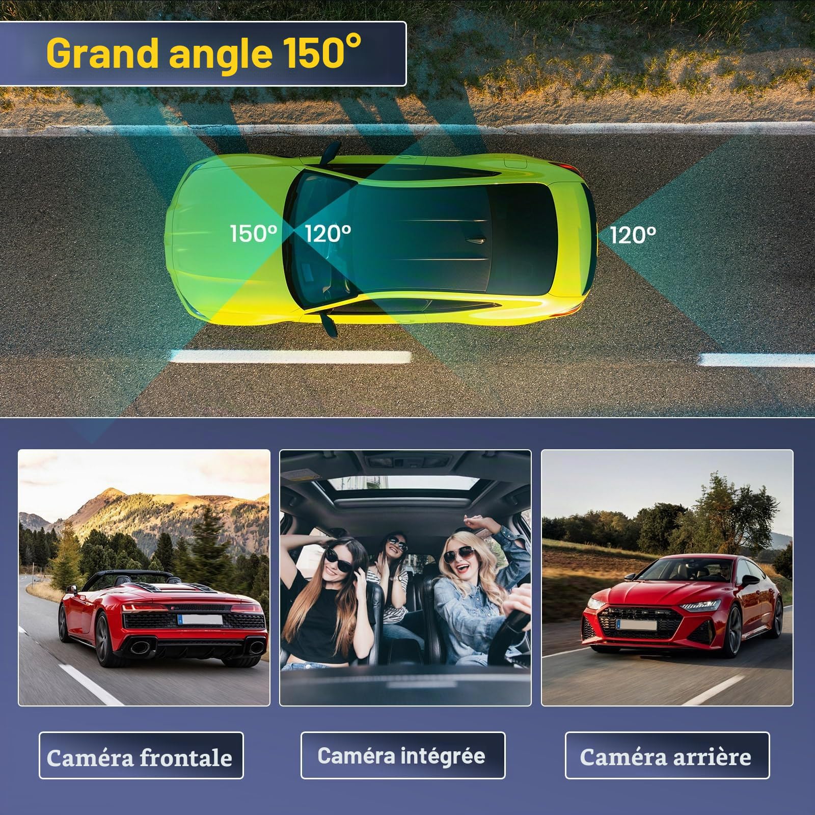 Hikity 3" IPS Screen 360° Four Camera avec DVR Fonction pour Autoradio Android, Dascham de Voiture avec Enregistrement en Boucle, capteur G, Vision Nocturne, détection de Mouvement