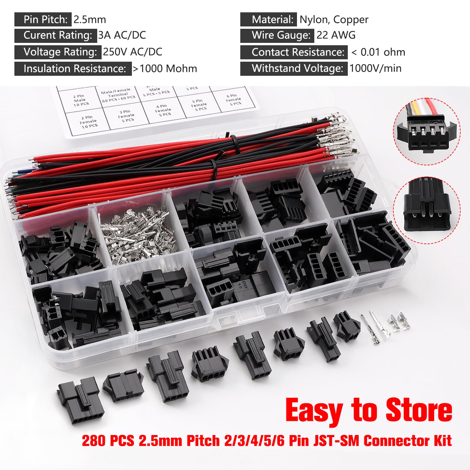 YIXISI 280 Sztuk 2.5mm Rastrze 2/3/4/5/6-Pinowych Zestaw Złączy JST-SM, Zestaw Złączy JST SM Żeńskich i Męskich, z Pojedyncza Głowica Przewodem Kablowym Wstępnie Zaciśniętym 22 AWG
