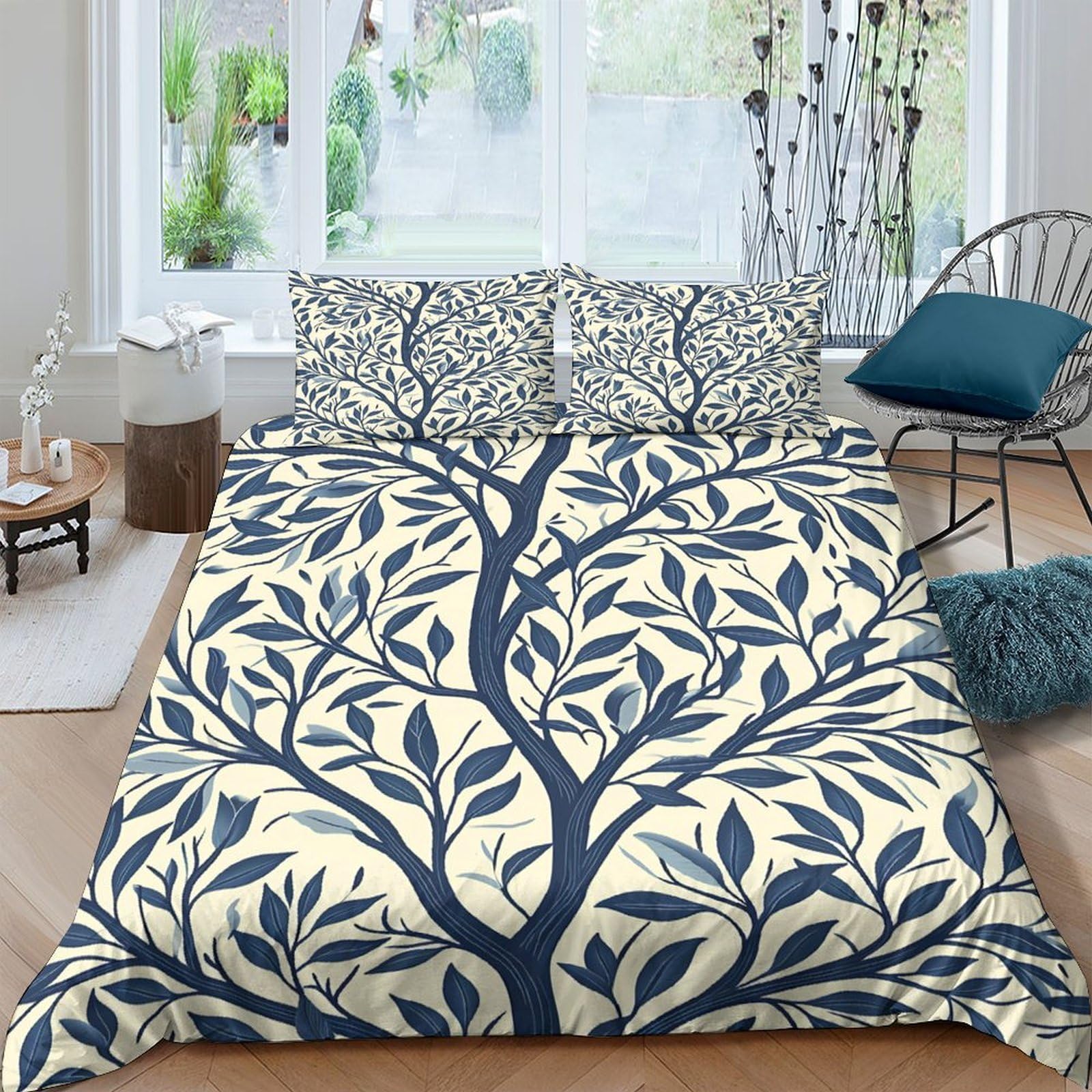 GPLZQXKJNH 3D Printed Botanical Tree Duvet Cover Microfiber Soft Breathable Forest Leaves Bedding Set with 2 Pillowcases for Bedroom Decor Single（135x200cm）