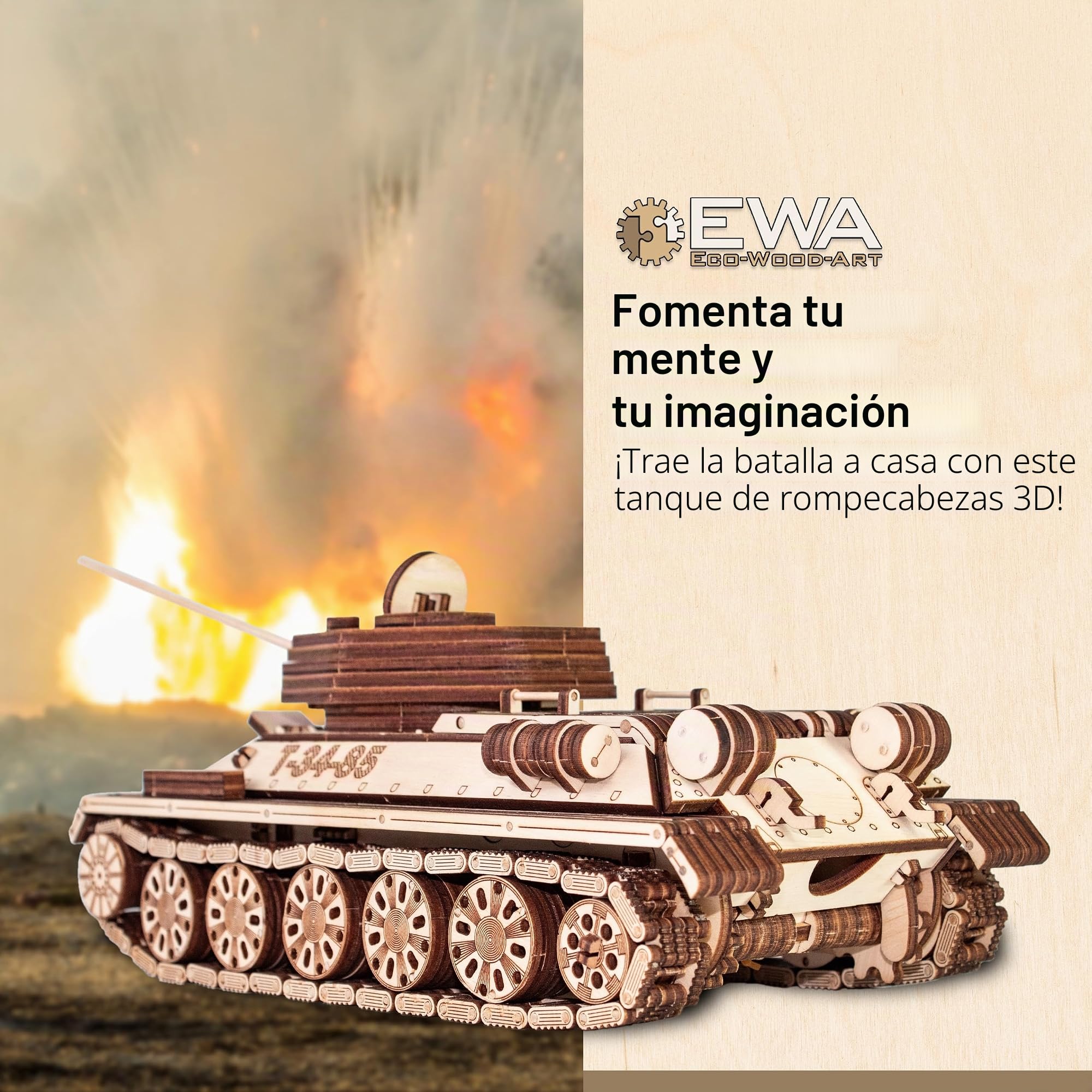 EWA Eco-Wood-Art Tanque T-34-85-Rompecabezas mecánico 3D de madera,Montaje sin pegamento-965 piezas, color naturaleza (Tank T-34-85)