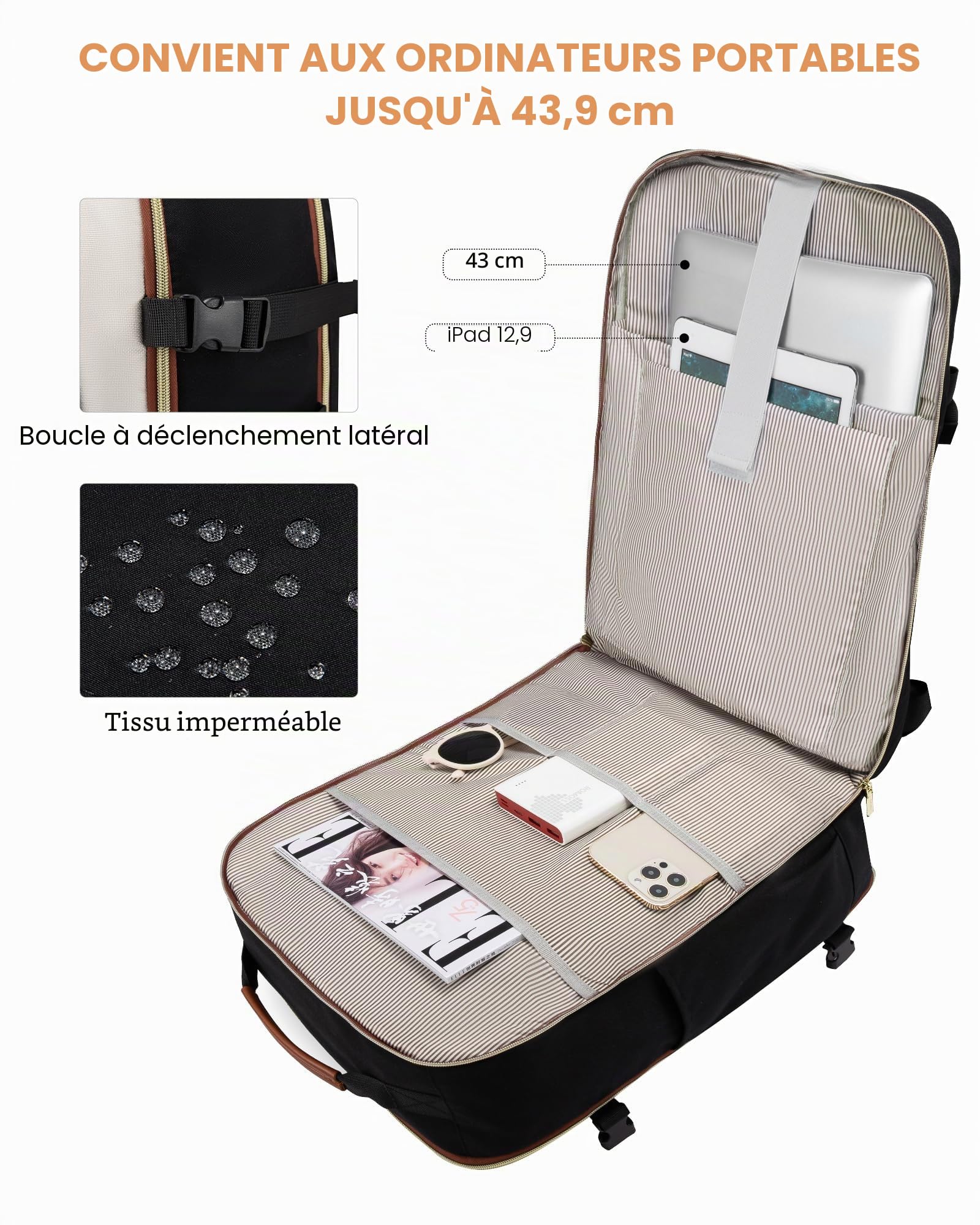 LOVEVOOK Sac à Dos Voyage Cabine Avion 45x36x20 Femme Homme Étanche Ordinateur Portable